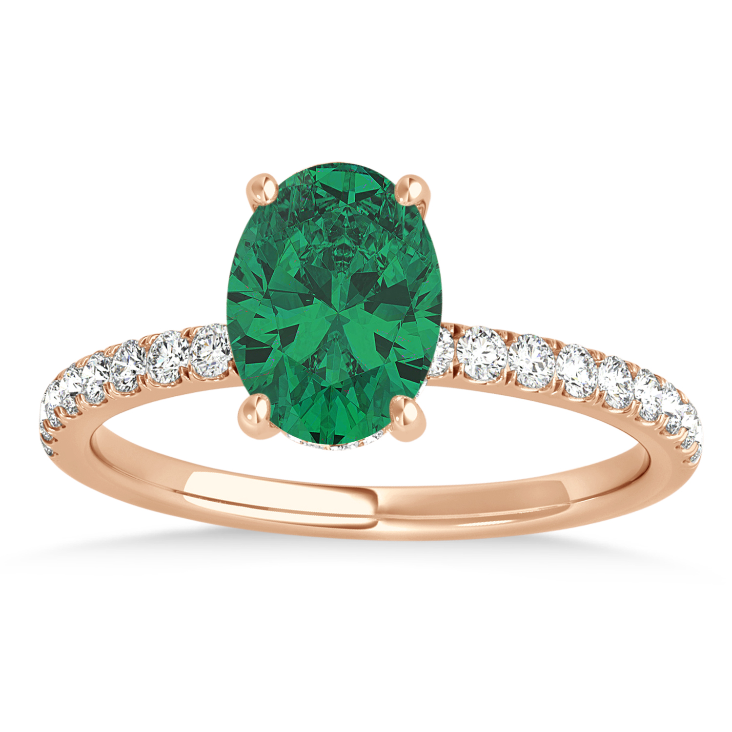 Oval Emerald & Diamond Single Row Hidden Halo Engagement Ring 14k Rose Gold (0.68ct)