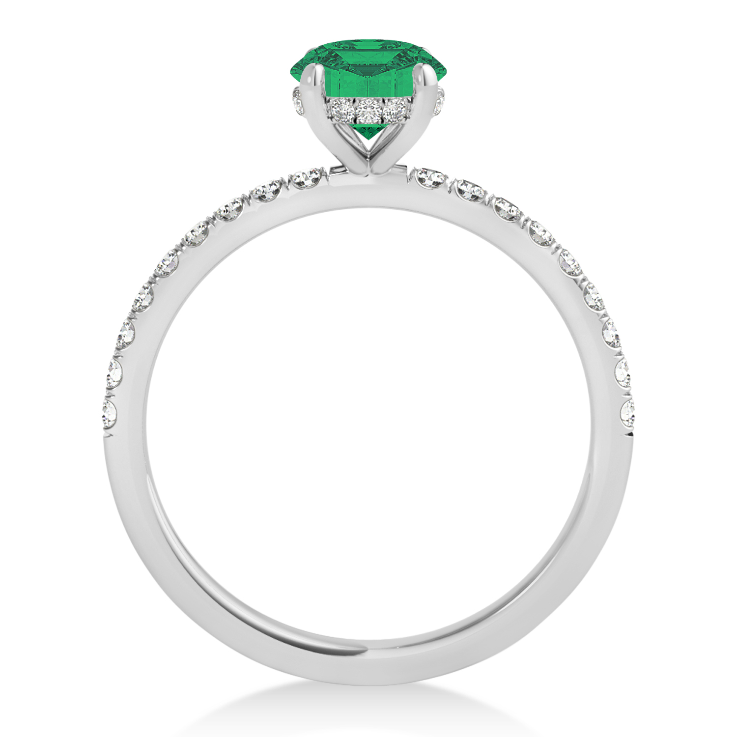 Oval Emerald & Diamond Single Row Hidden Halo Engagement Ring 14k White Gold (0.68ct)