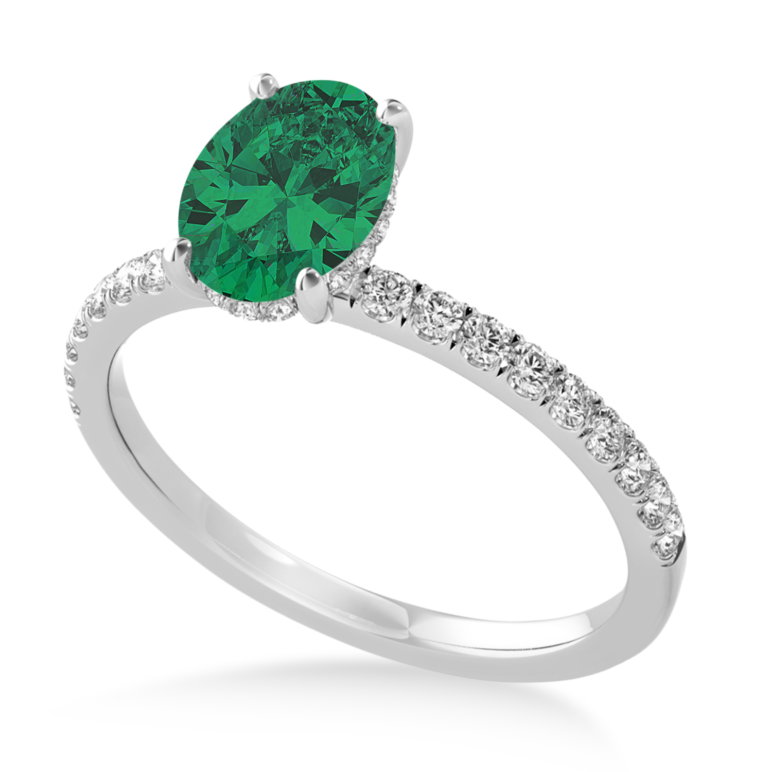 Oval Emerald & Diamond Single Row Hidden Halo Engagement Ring 14k White Gold (0.68ct)
