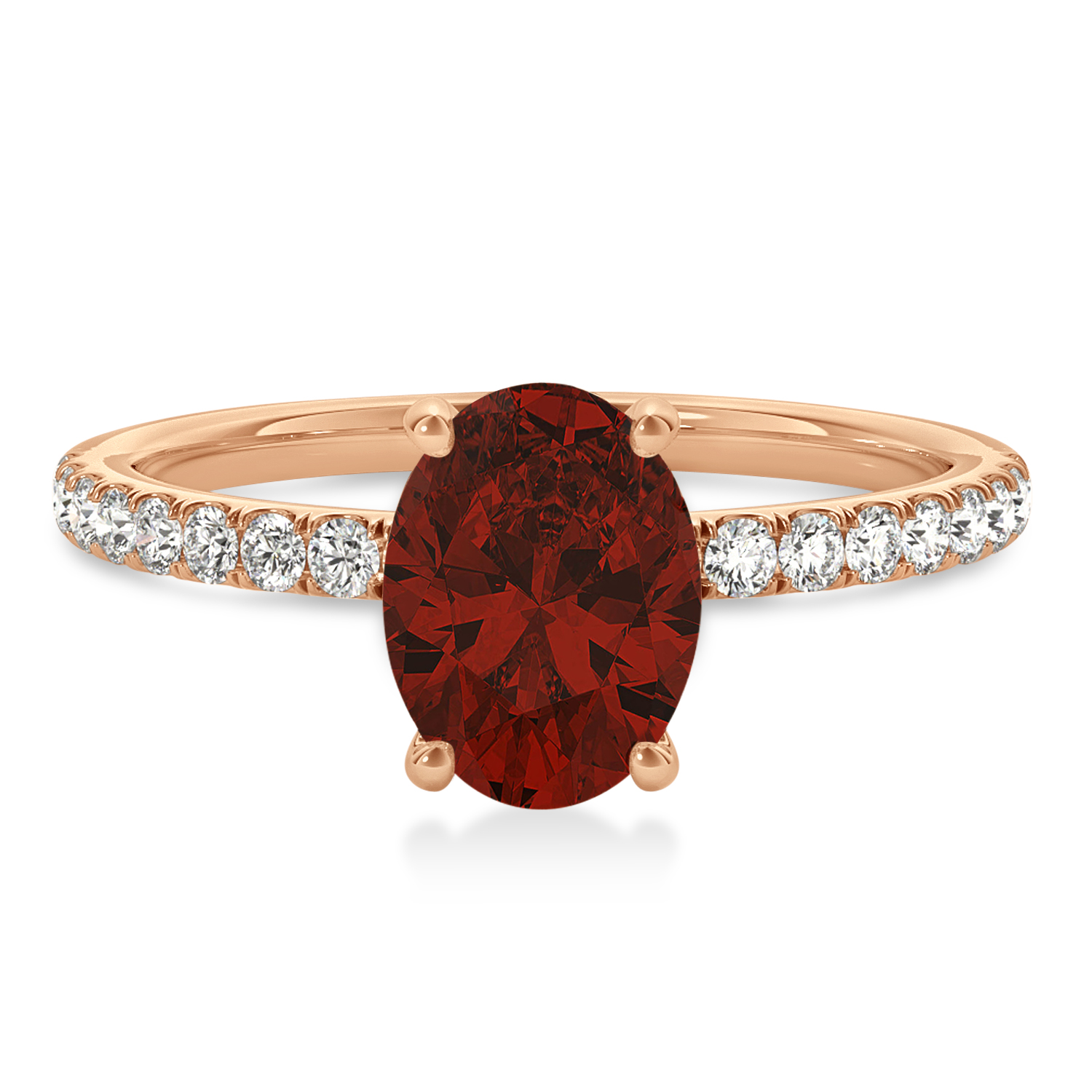 Oval Garnet & Diamond Single Row Hidden Halo Engagement Ring 18k Rose Gold (0.68ct)