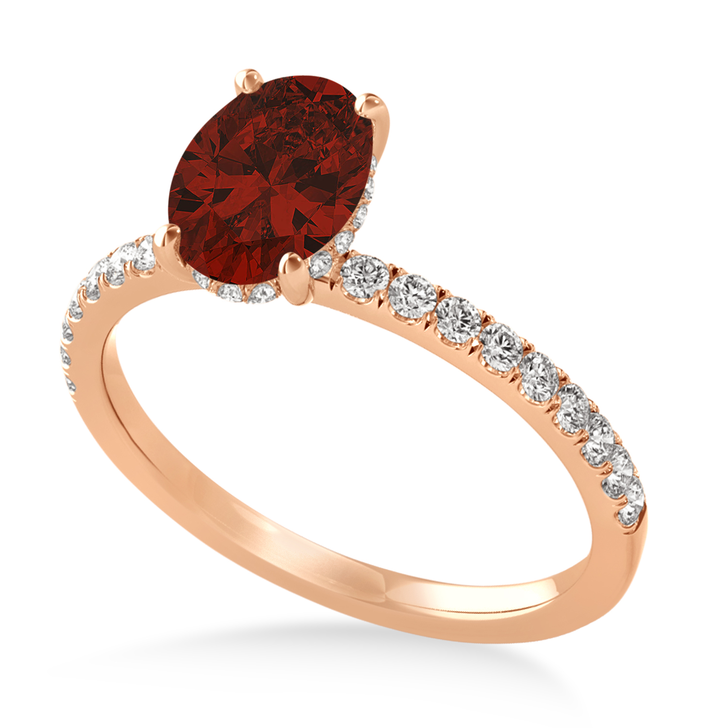 Oval Garnet & Diamond Single Row Hidden Halo Engagement Ring 18k Rose Gold (0.68ct)