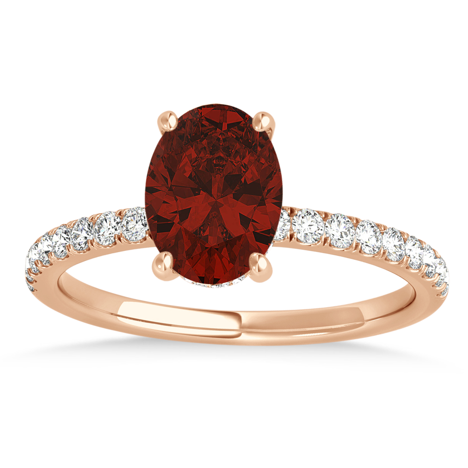 Oval Garnet & Diamond Single Row Hidden Halo Engagement Ring 18k Rose Gold (0.68ct)