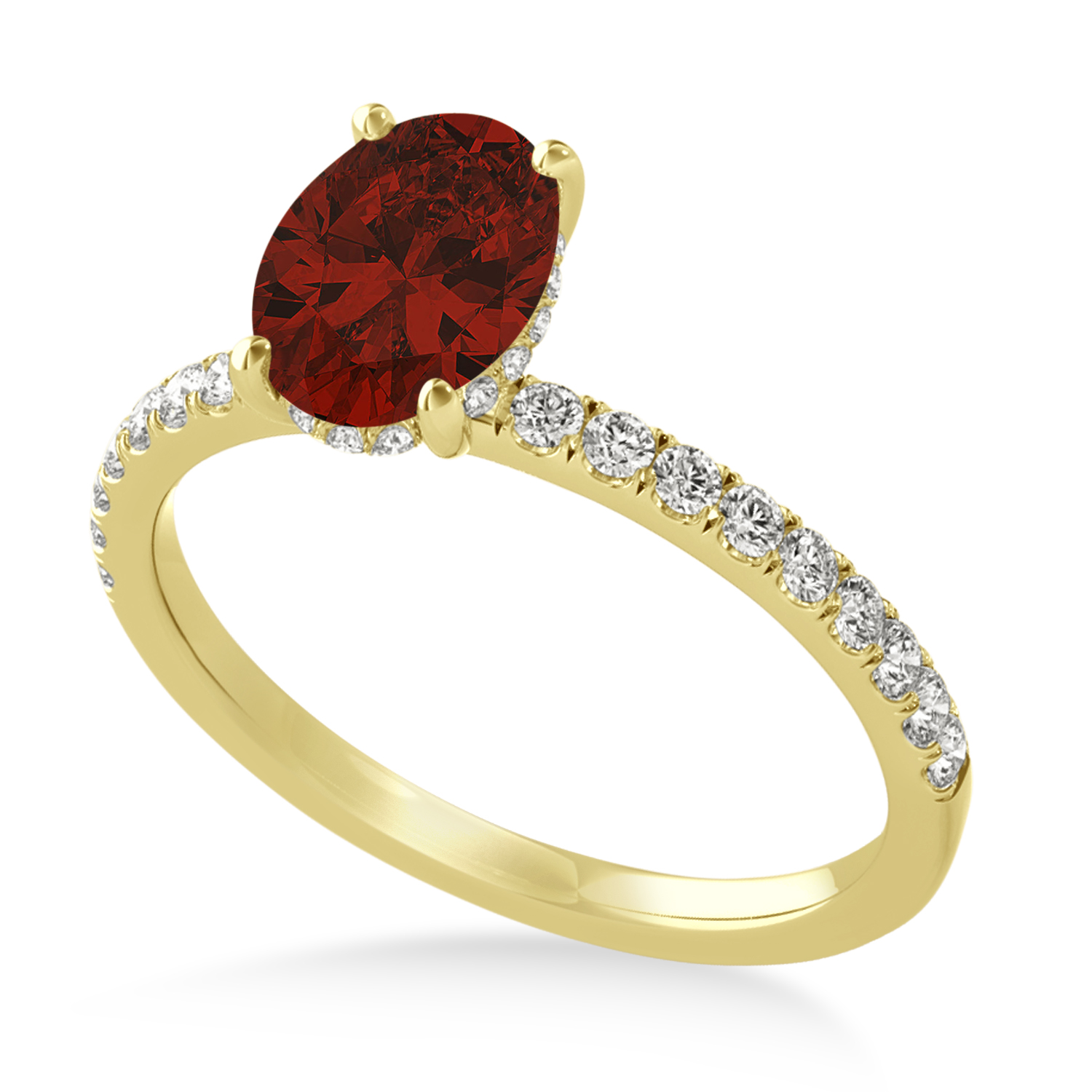 Oval Garnet & Diamond Single Row Hidden Halo Engagement Ring 18k Yellow Gold (0.68ct)
