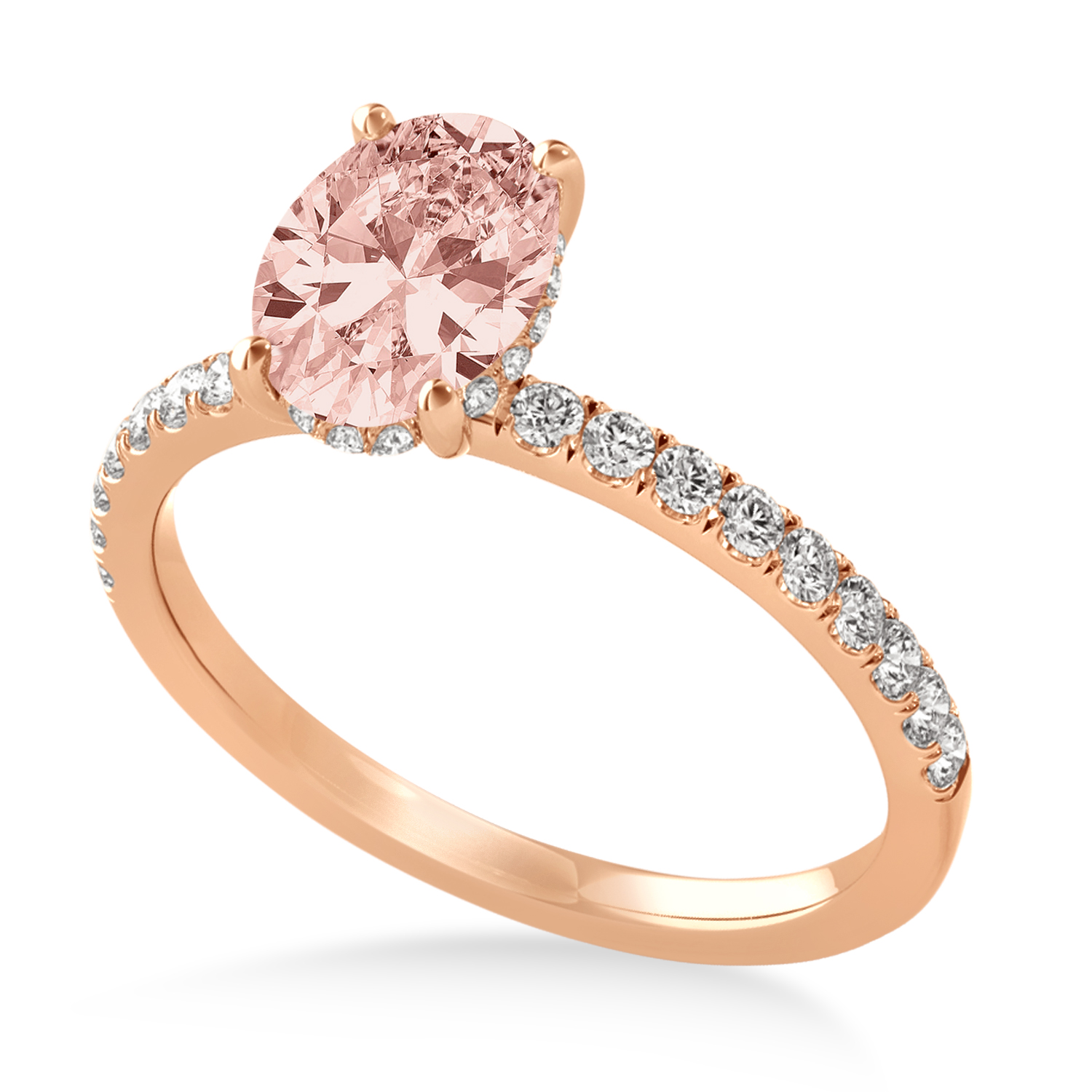 Oval Morganite & Diamond Single Row Hidden Halo Engagement Ring 14k Rose Gold (0.68ct)