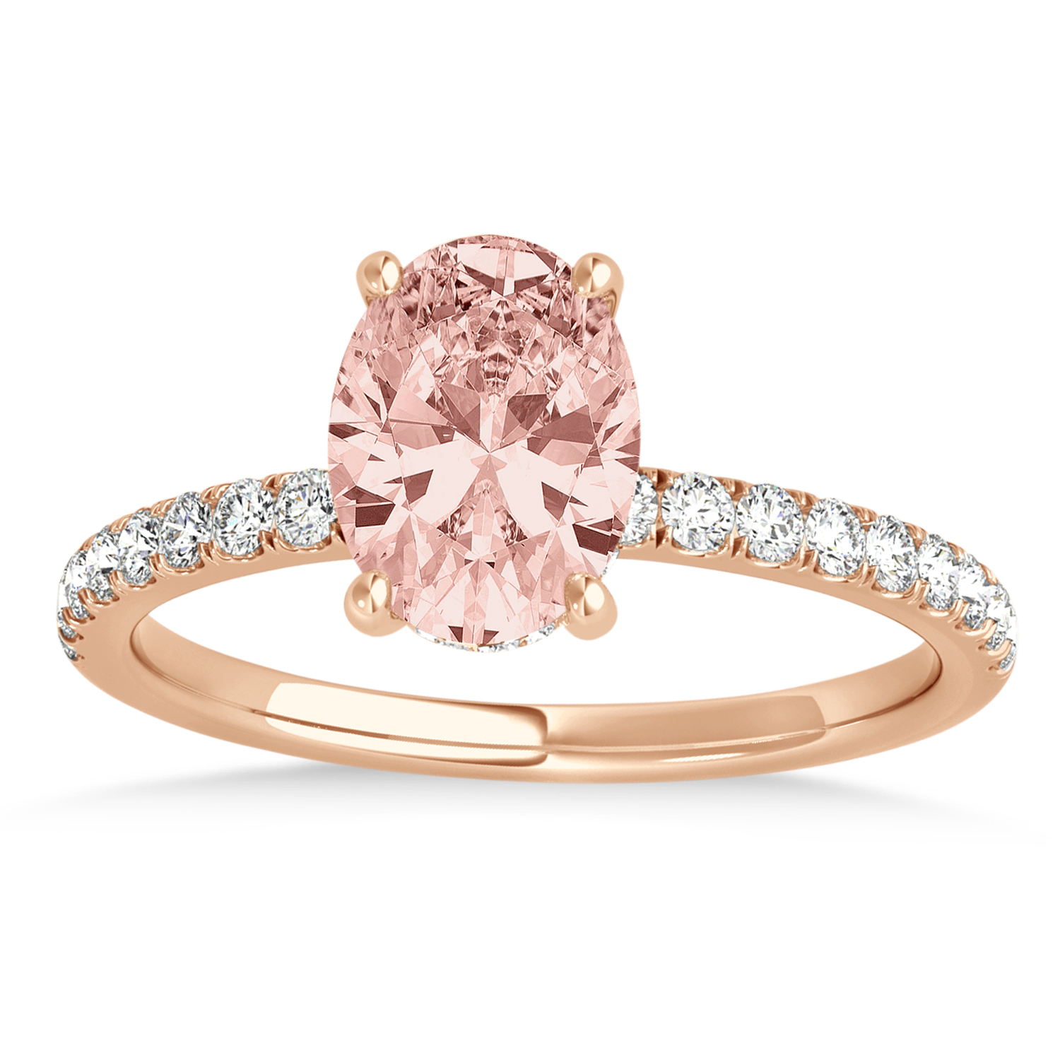 Oval Morganite & Diamond Single Row Hidden Halo Engagement Ring 14k Rose Gold (0.68ct)