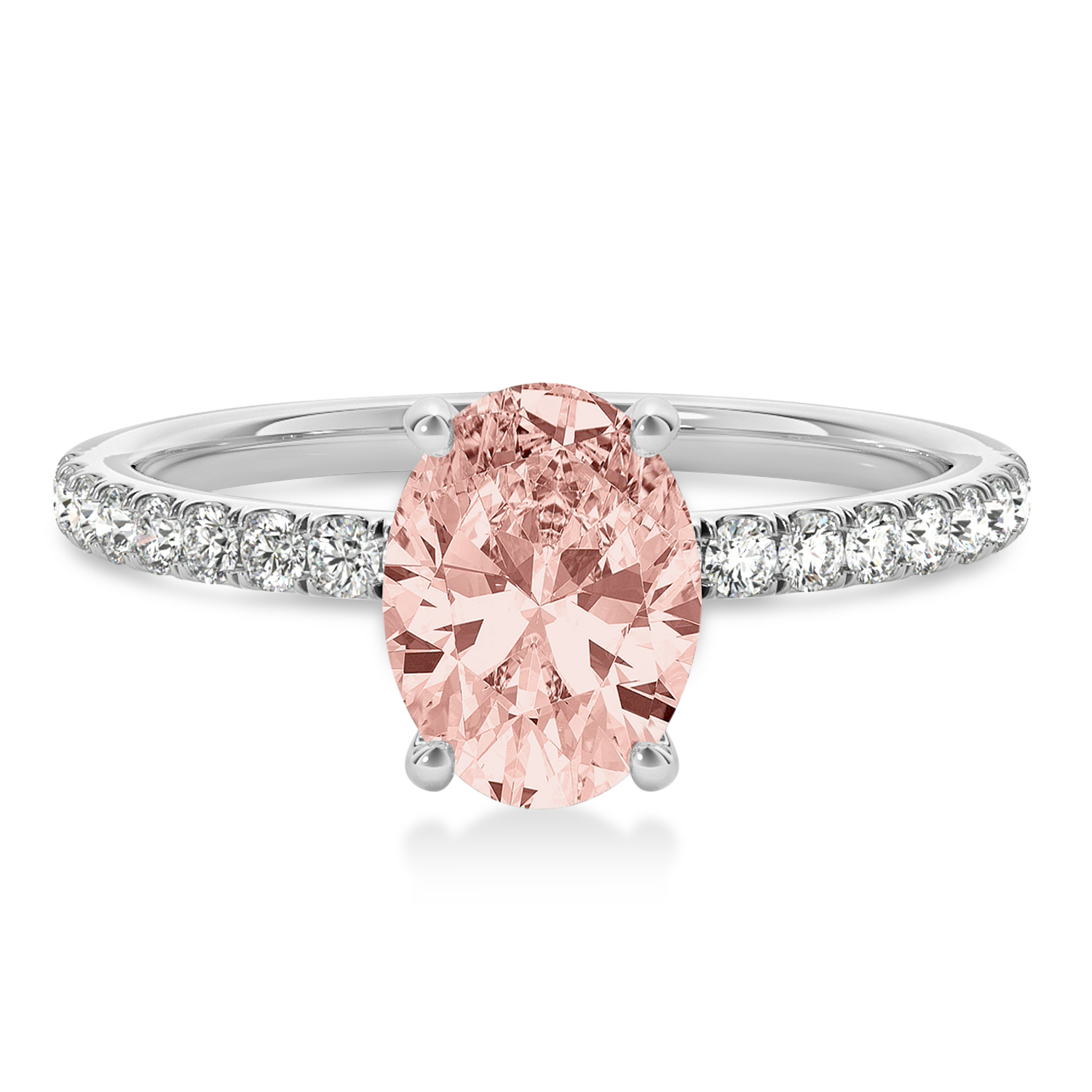 Oval Morganite & Diamond Single Row Hidden Halo Engagement Ring 18k White Gold (0.68ct)