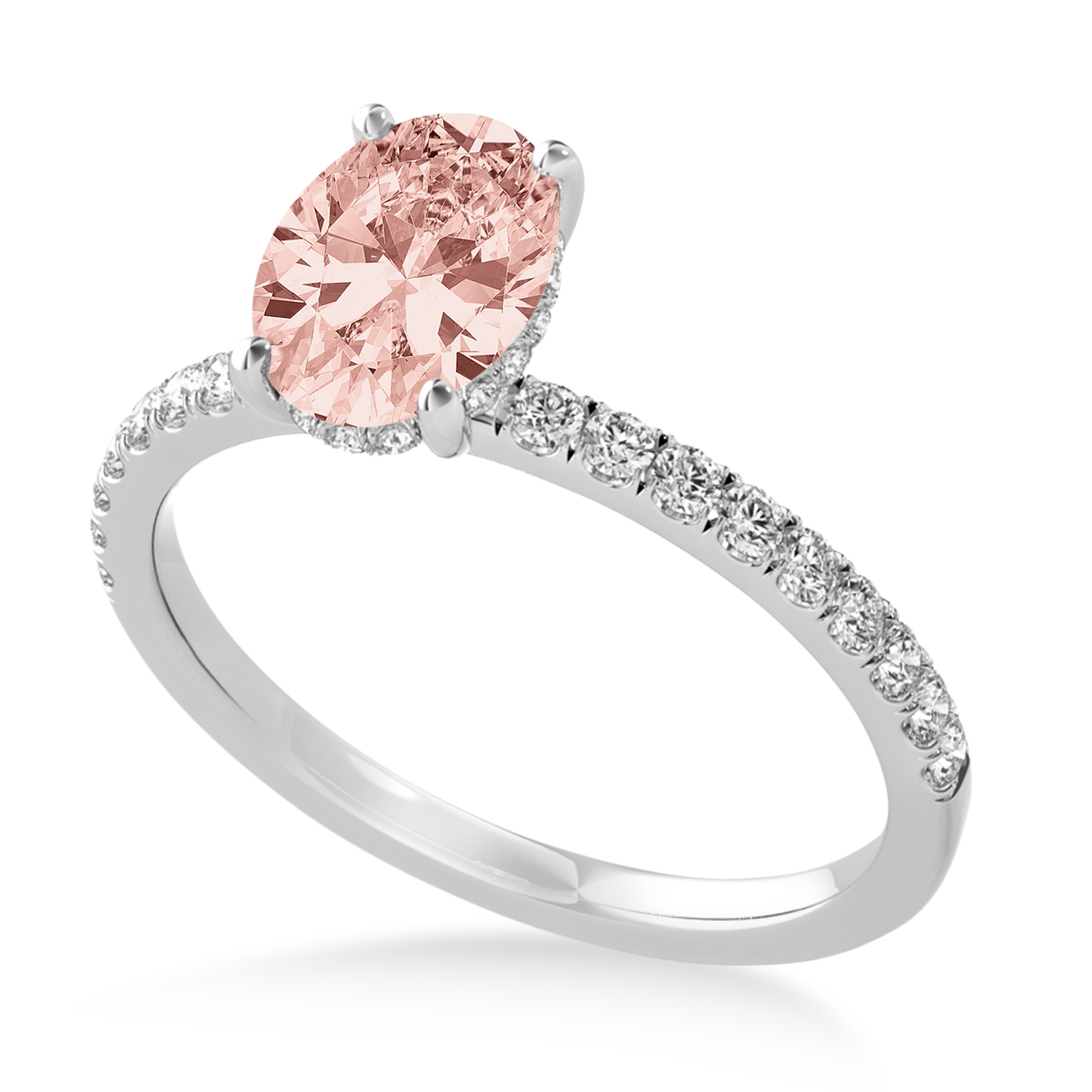 Oval Morganite & Diamond Single Row Hidden Halo Engagement Ring 18k White Gold (0.68ct)