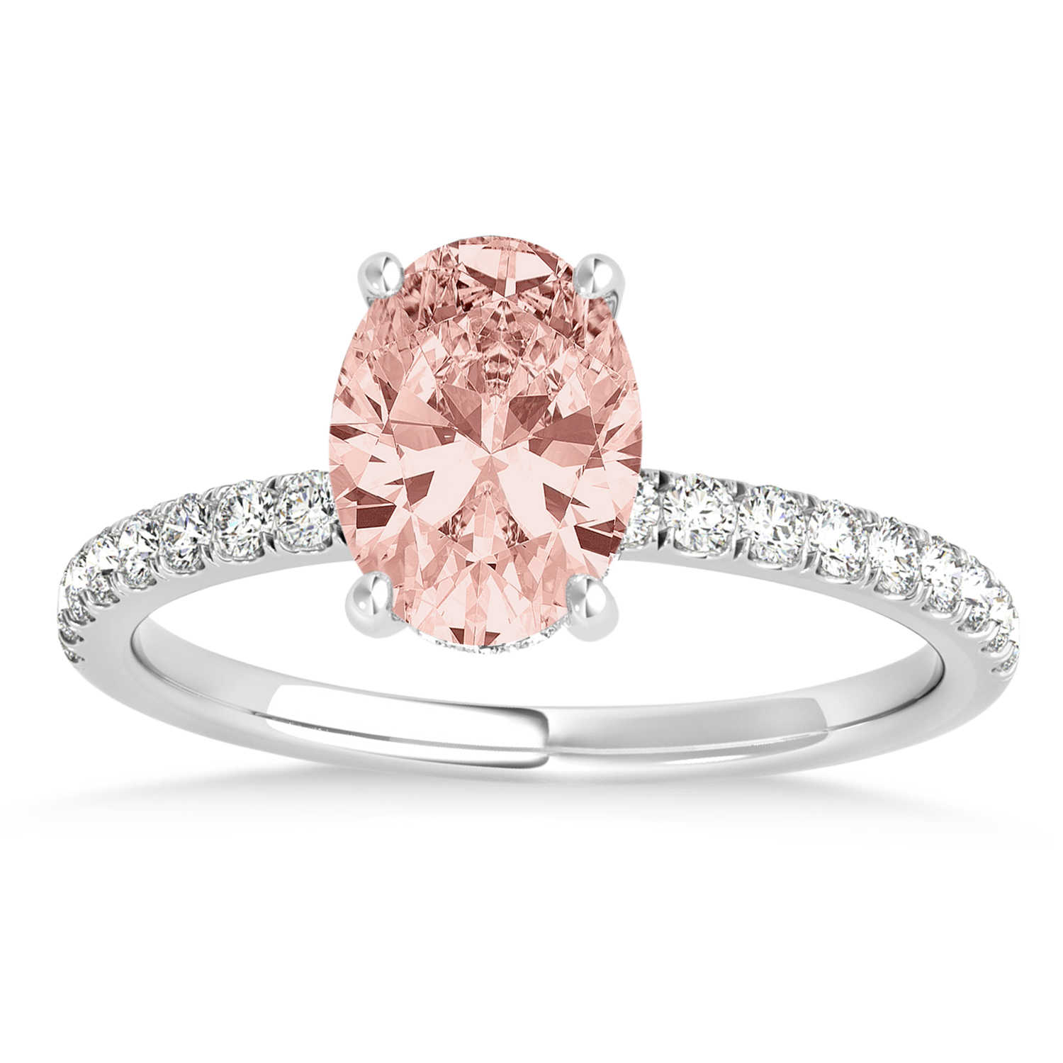 Oval Morganite & Diamond Single Row Hidden Halo Engagement Ring Platinum (0.68ct)