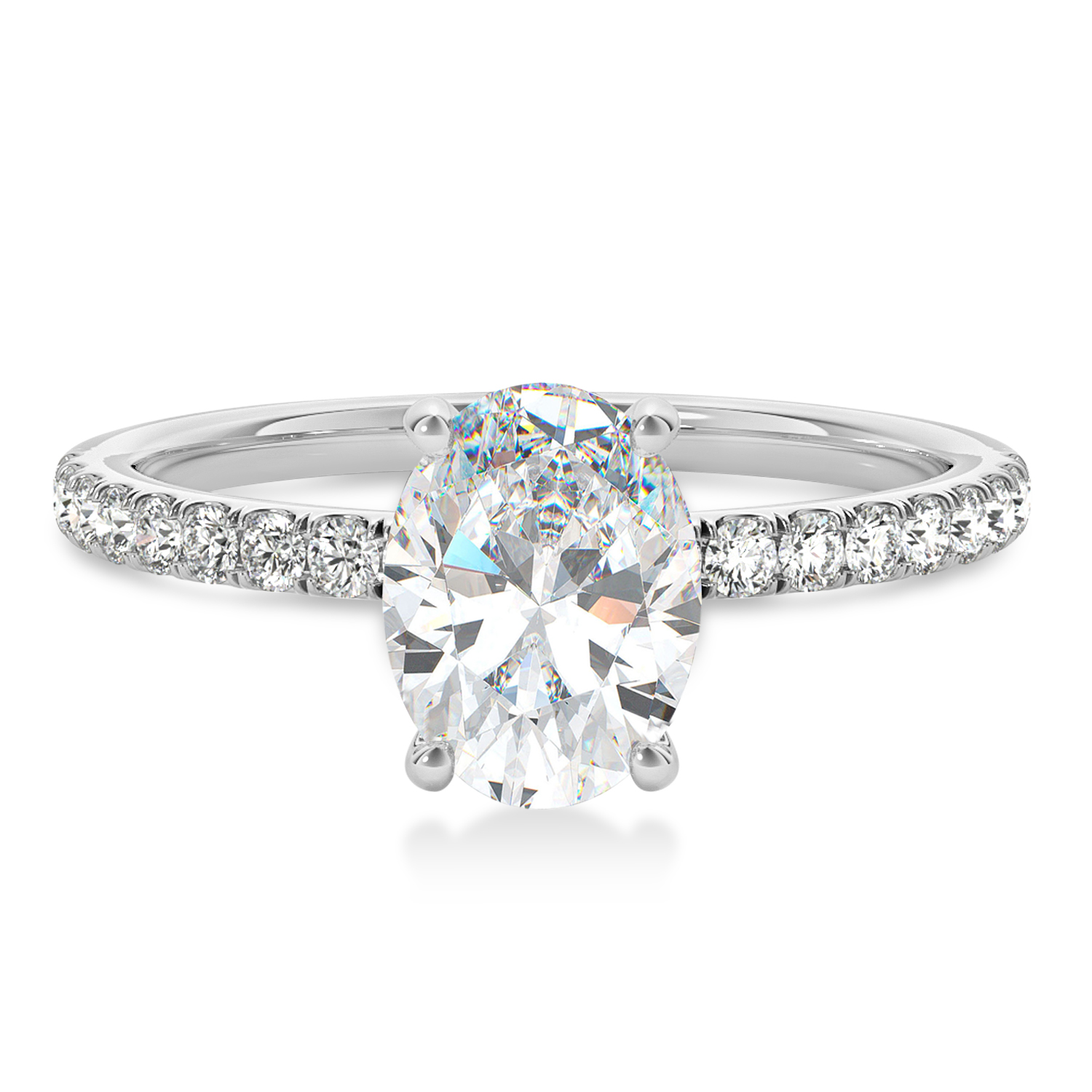 Oval Moissanite & Diamond Single Row Hidden Halo Engagement Ring 14k White Gold (0.68ct)