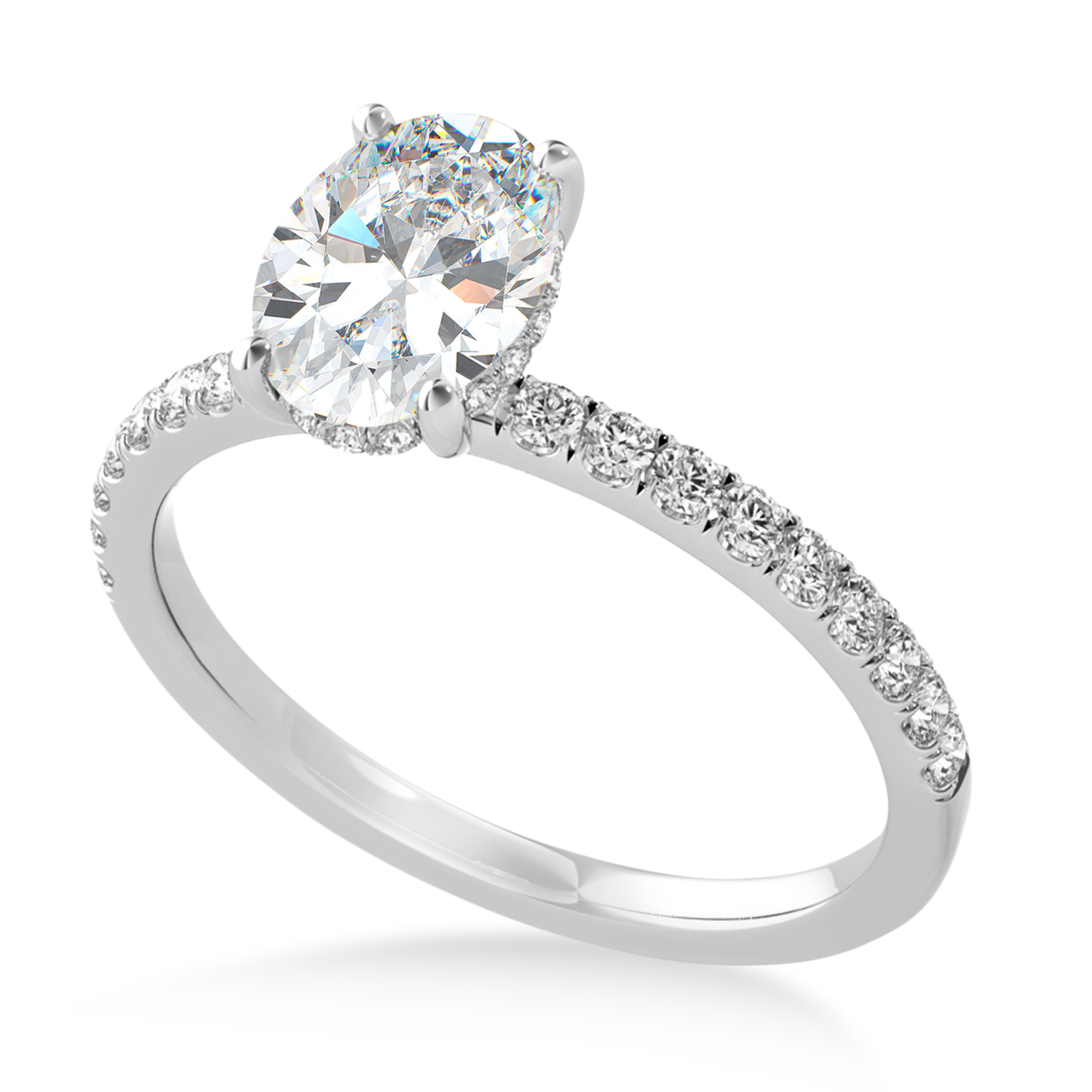 Oval Moissanite & Diamond Single Row Hidden Halo Engagement Ring 14k White Gold (0.68ct)