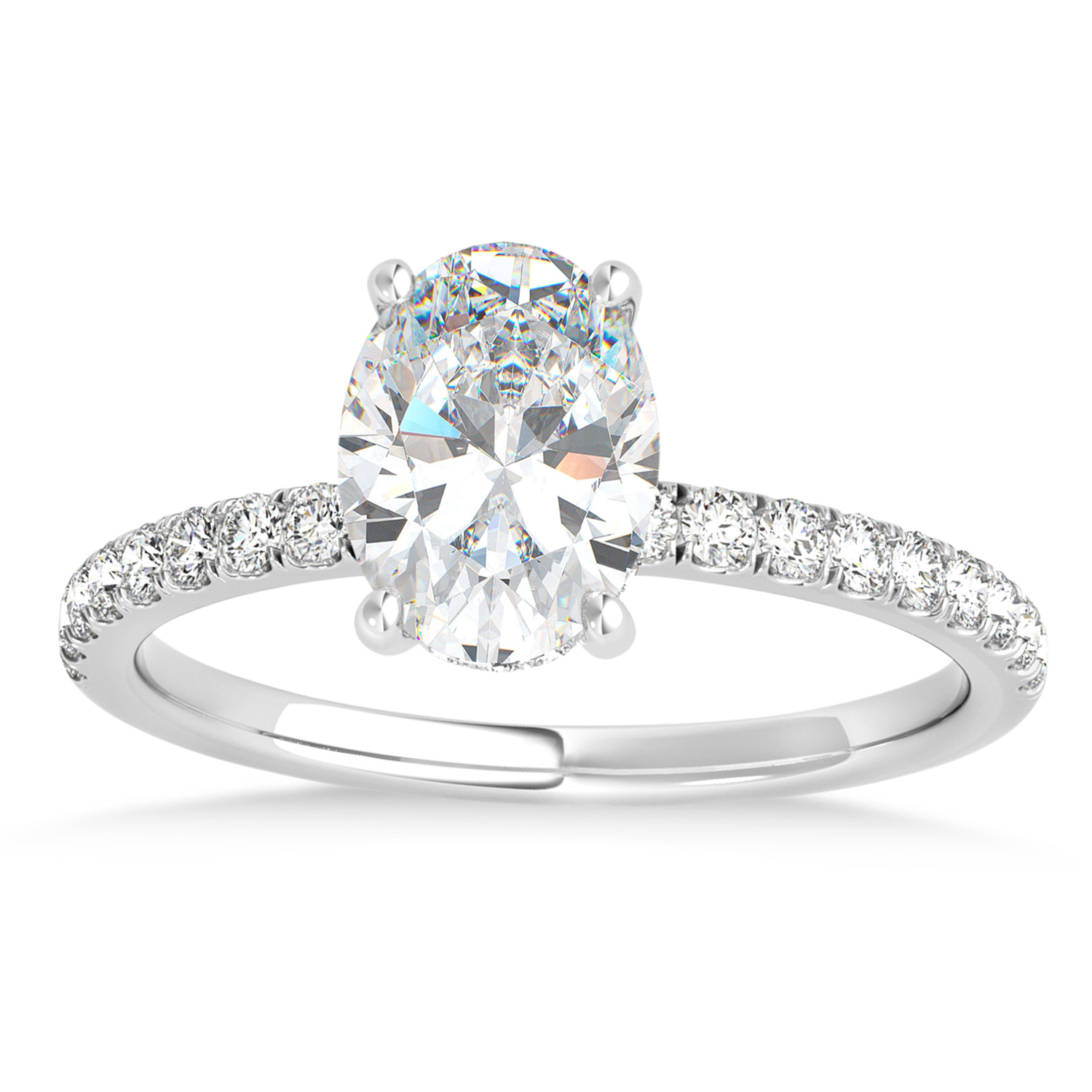 Oval Moissanite & Diamond Single Row Hidden Halo Engagement Ring 18k White Gold (0.68ct)