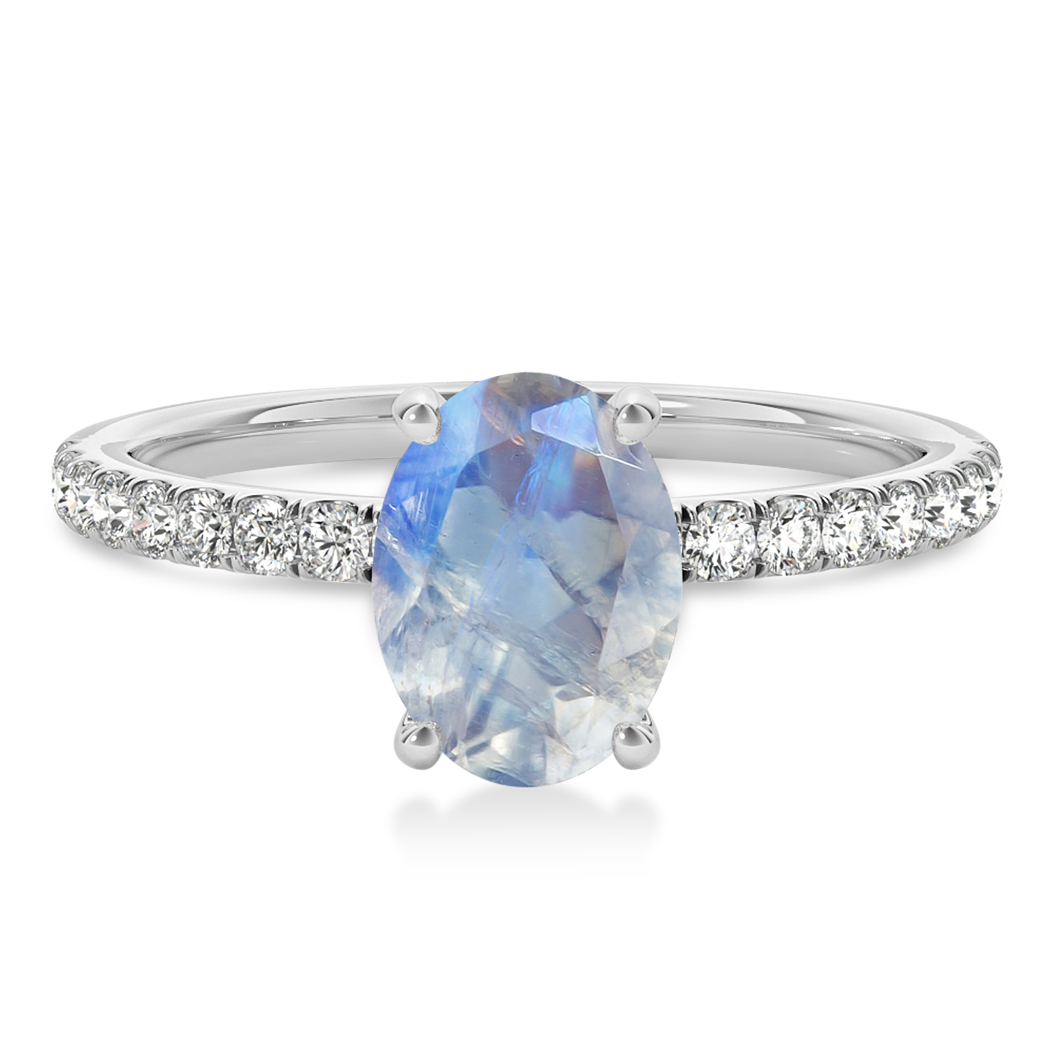 Oval Moonstone & Diamond Single Row Hidden Halo Engagement Ring 14k White Gold (0.68ct)