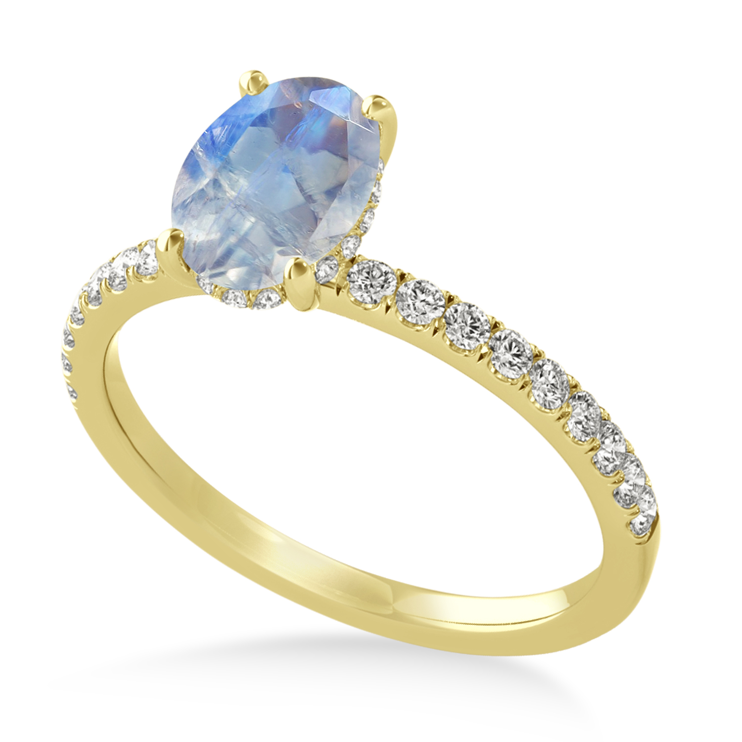 Oval Moonstone & Diamond Single Row Hidden Halo Engagement Ring 14k Yellow Gold (0.68ct)