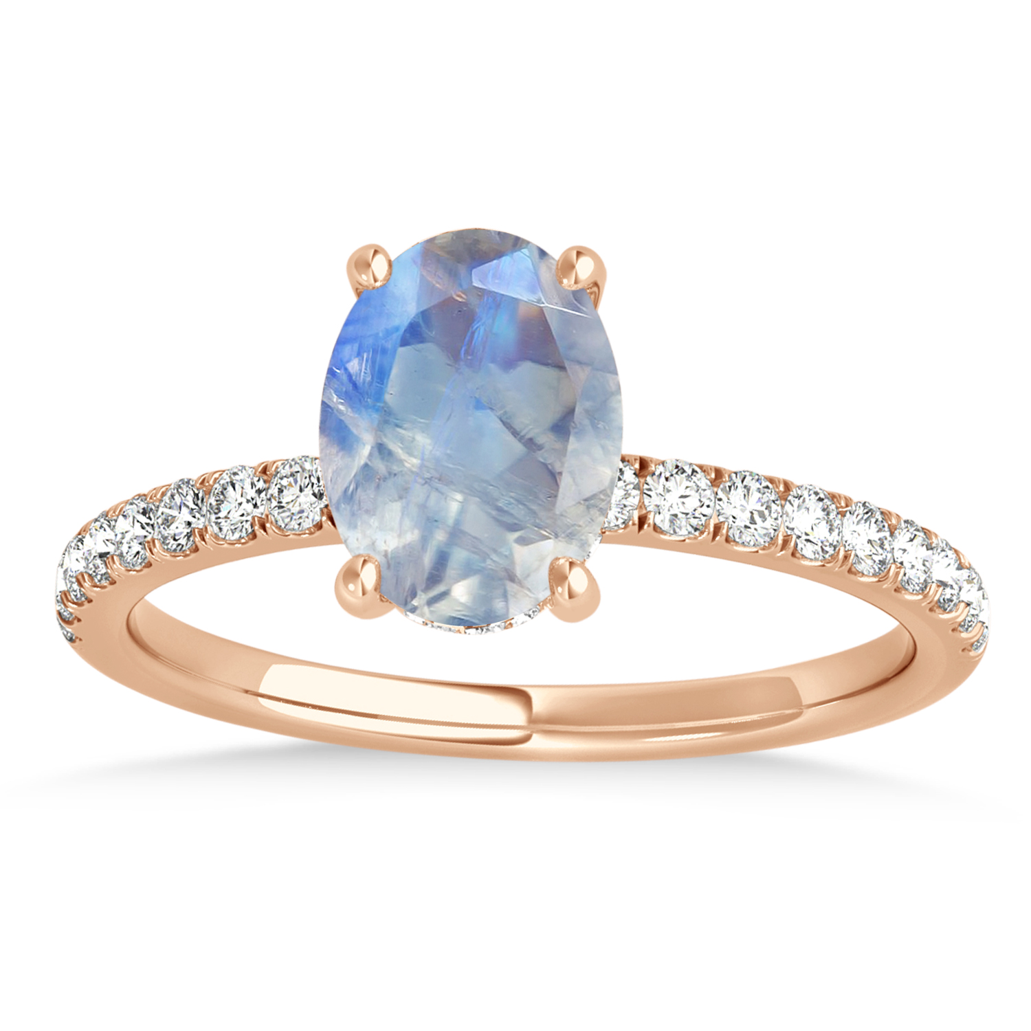 Oval Moonstone & Diamond Single Row Hidden Halo Engagement Ring 18k Rose Gold (0.68ct)