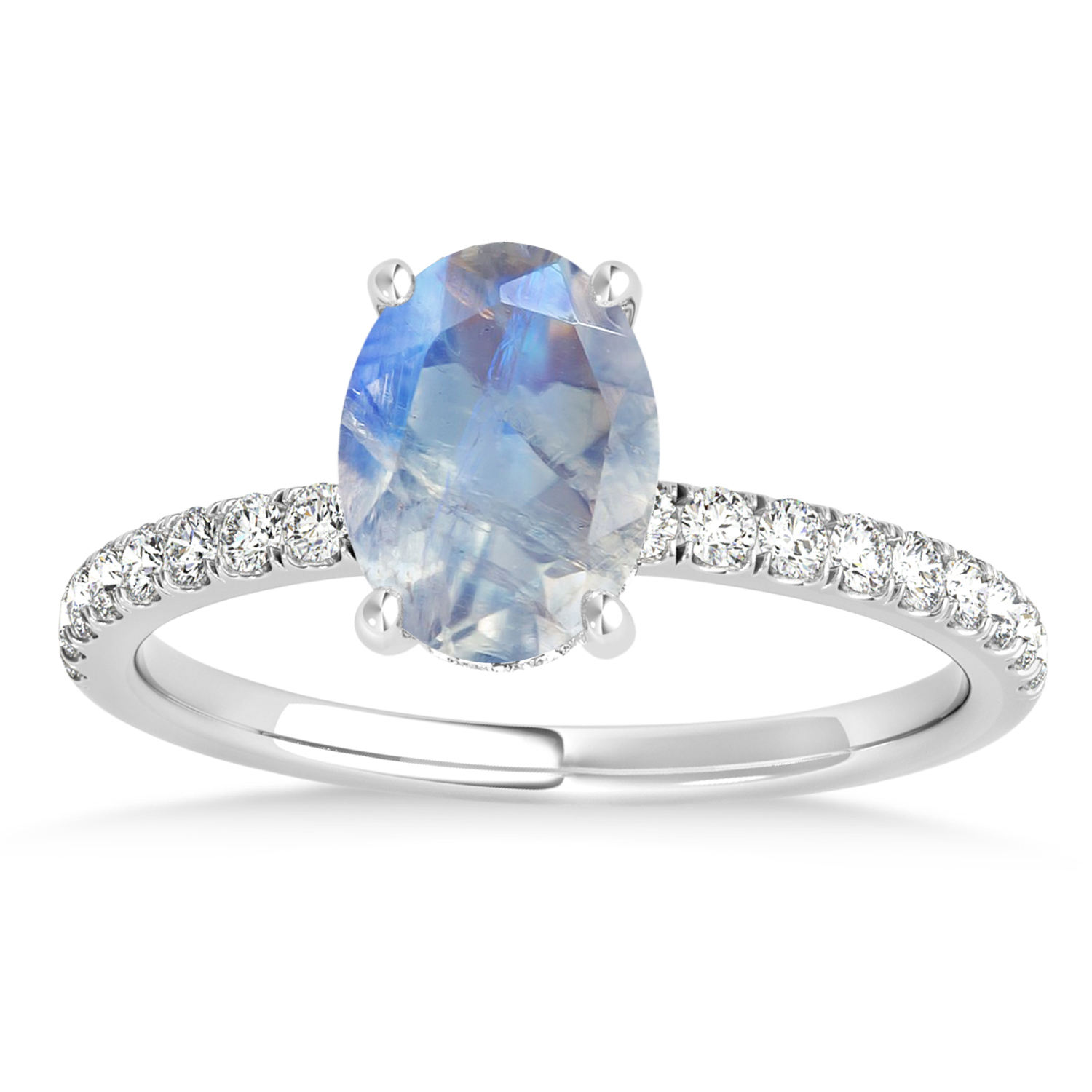 Oval Moonstone & Diamond Single Row Hidden Halo Engagement Ring Palladium (0.68ct)