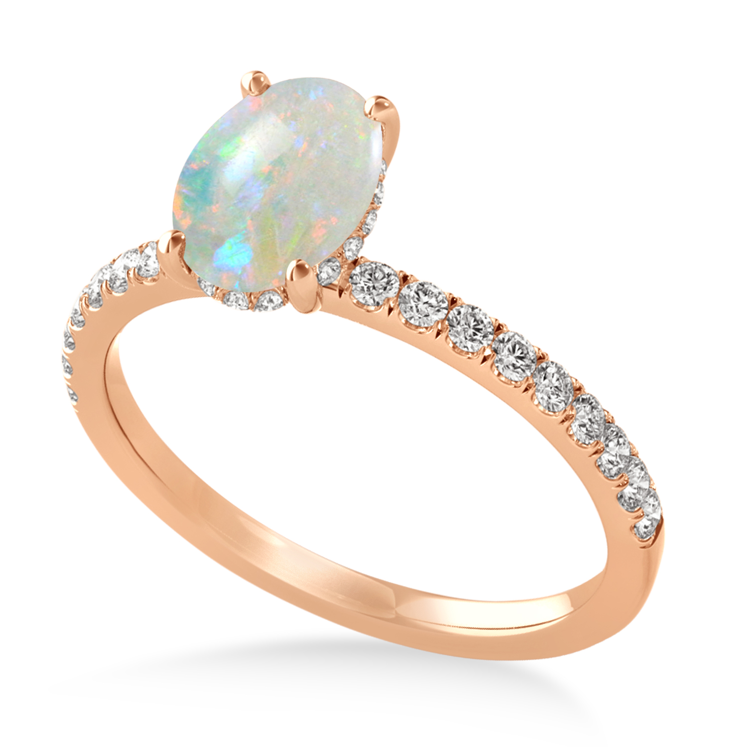 Oval Opal & Diamond Single Row Hidden Halo Engagement Ring 18k Rose Gold (0.68ct)