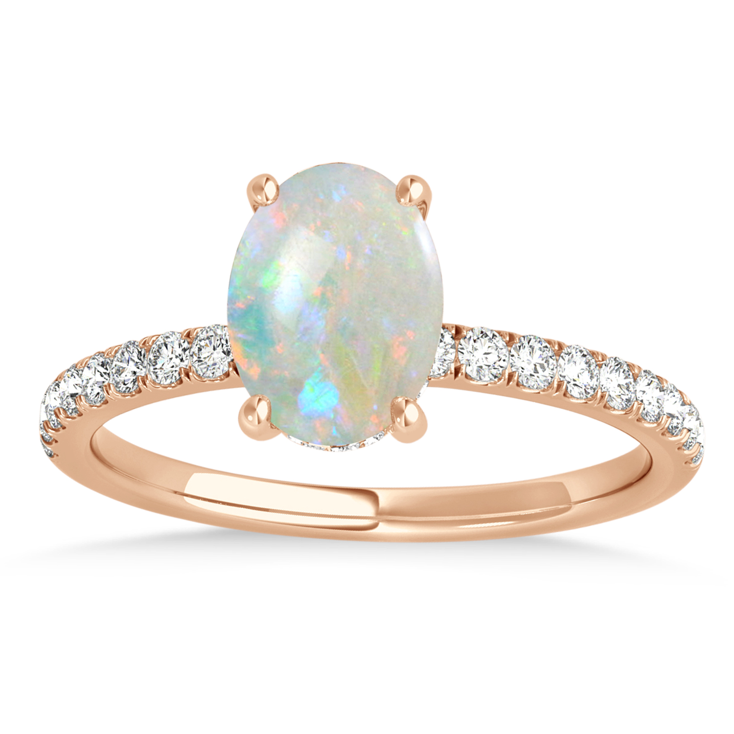 Oval Opal & Diamond Single Row Hidden Halo Engagement Ring 18k Rose Gold (0.68ct)