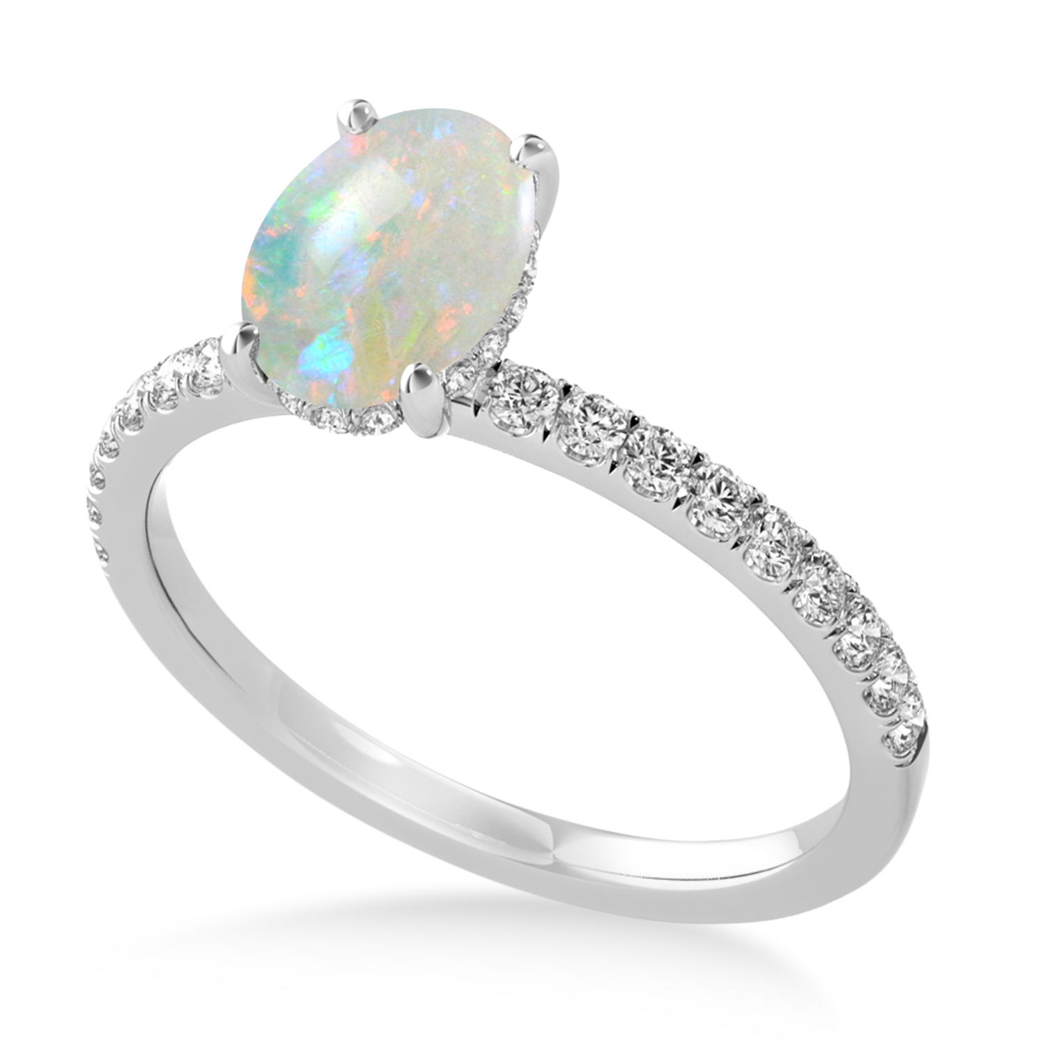 Oval Opal & Diamond Single Row Hidden Halo Engagement Ring 18k White Gold (0.68ct)