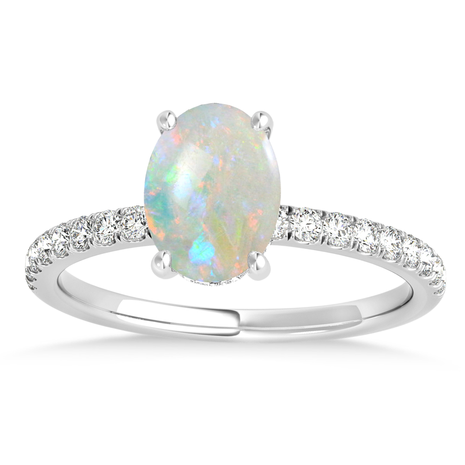 Oval Opal & Diamond Single Row Hidden Halo Engagement Ring Platinum (0.68ct)