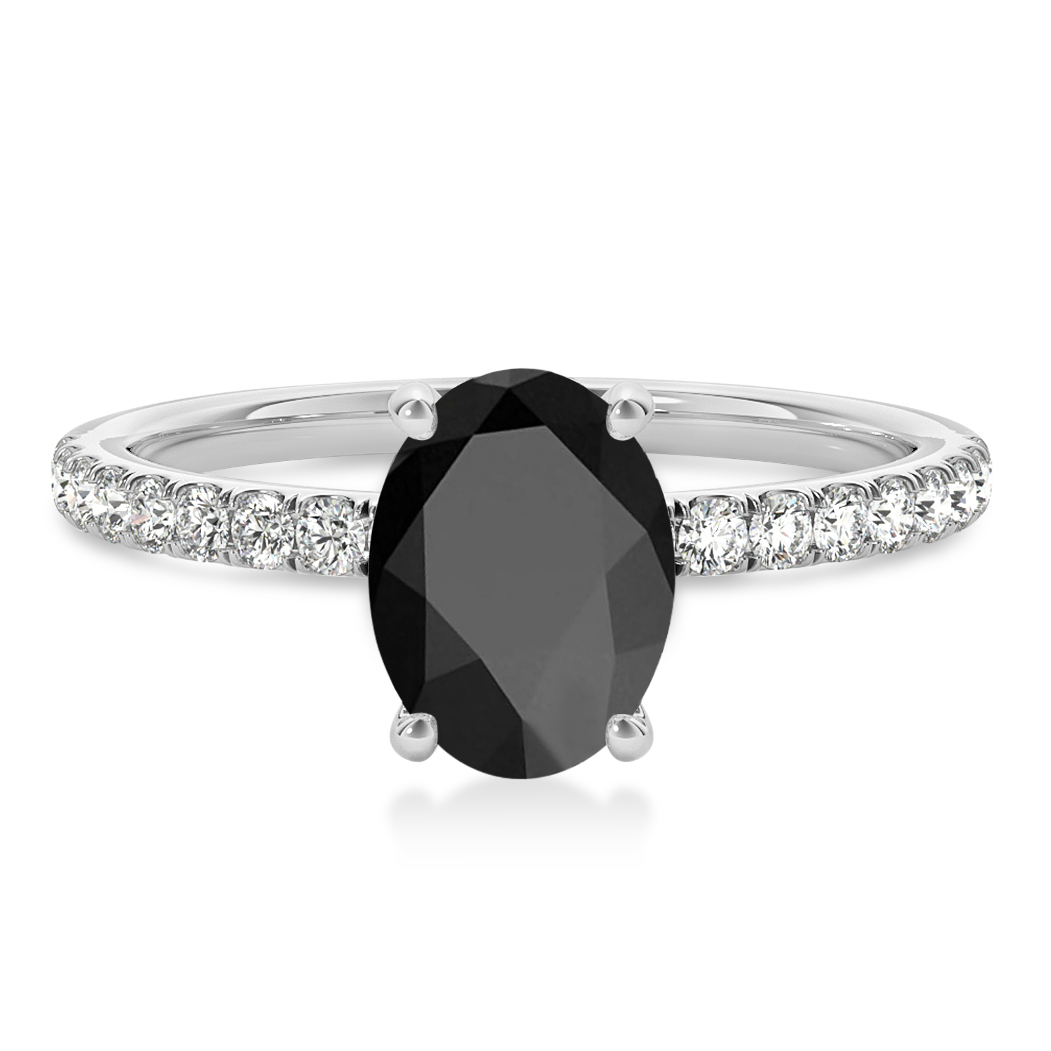 Oval Onyx & Diamond Single Row Hidden Halo Engagement Ring 14k White Gold (0.68ct)