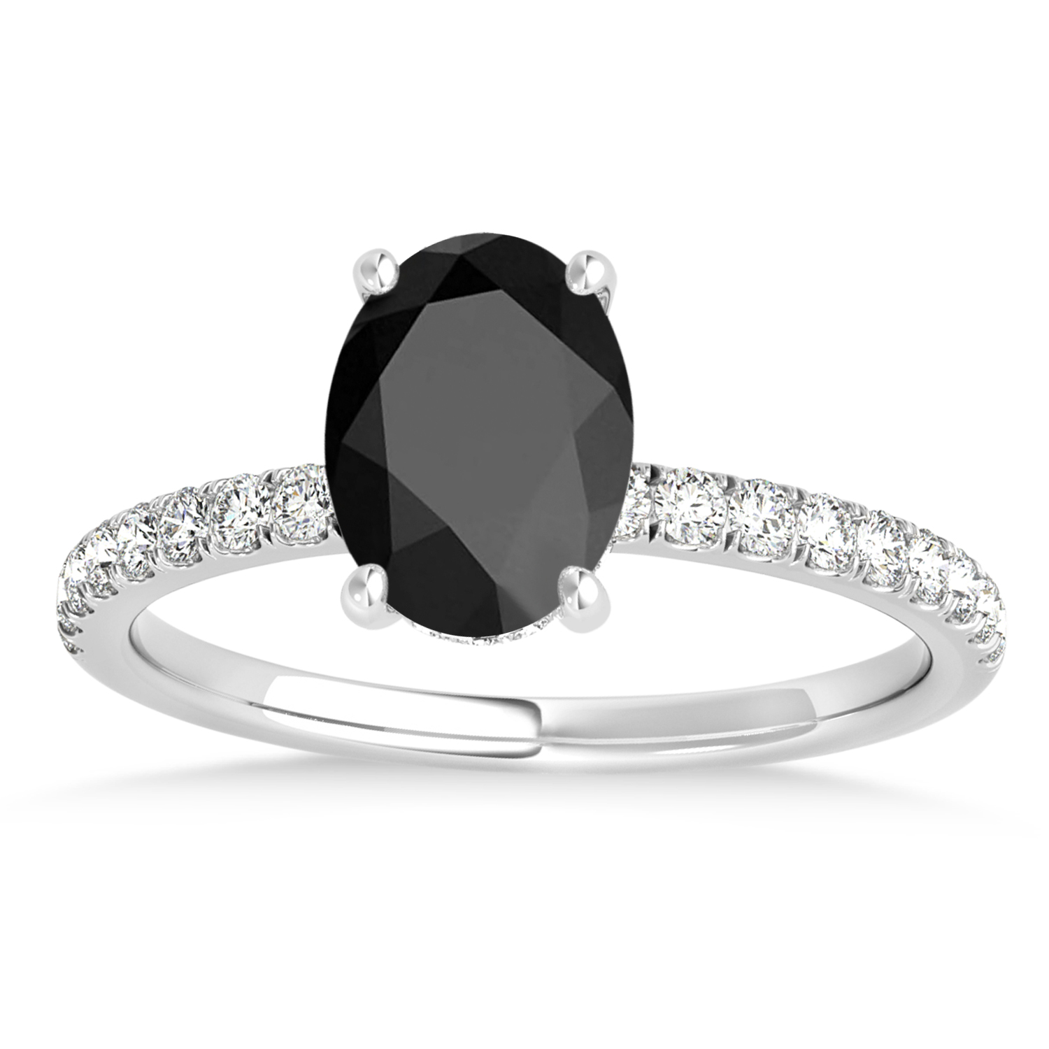 Oval Onyx & Diamond Single Row Hidden Halo Engagement Ring 14k White Gold (0.68ct)