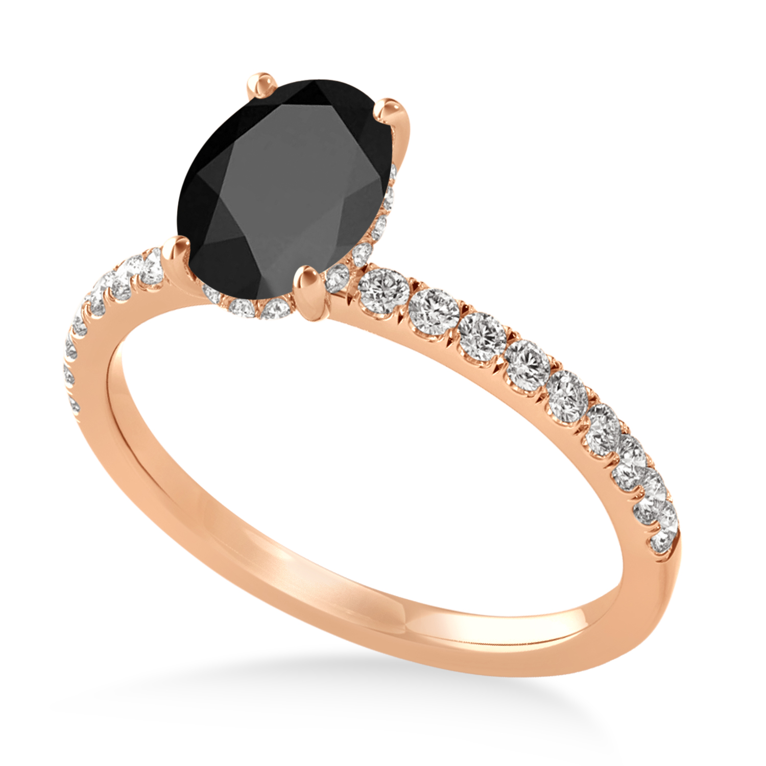 Oval Onyx & Diamond Single Row Hidden Halo Engagement Ring 18k Rose Gold (0.68ct)