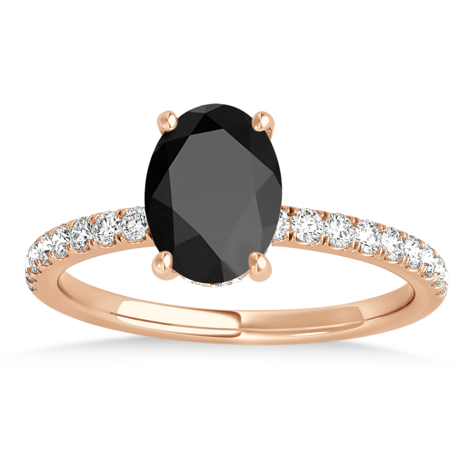 Oval Onyx & Diamond Single Row Hidden Halo Engagement Ring 18k Rose Gold (0.68ct)