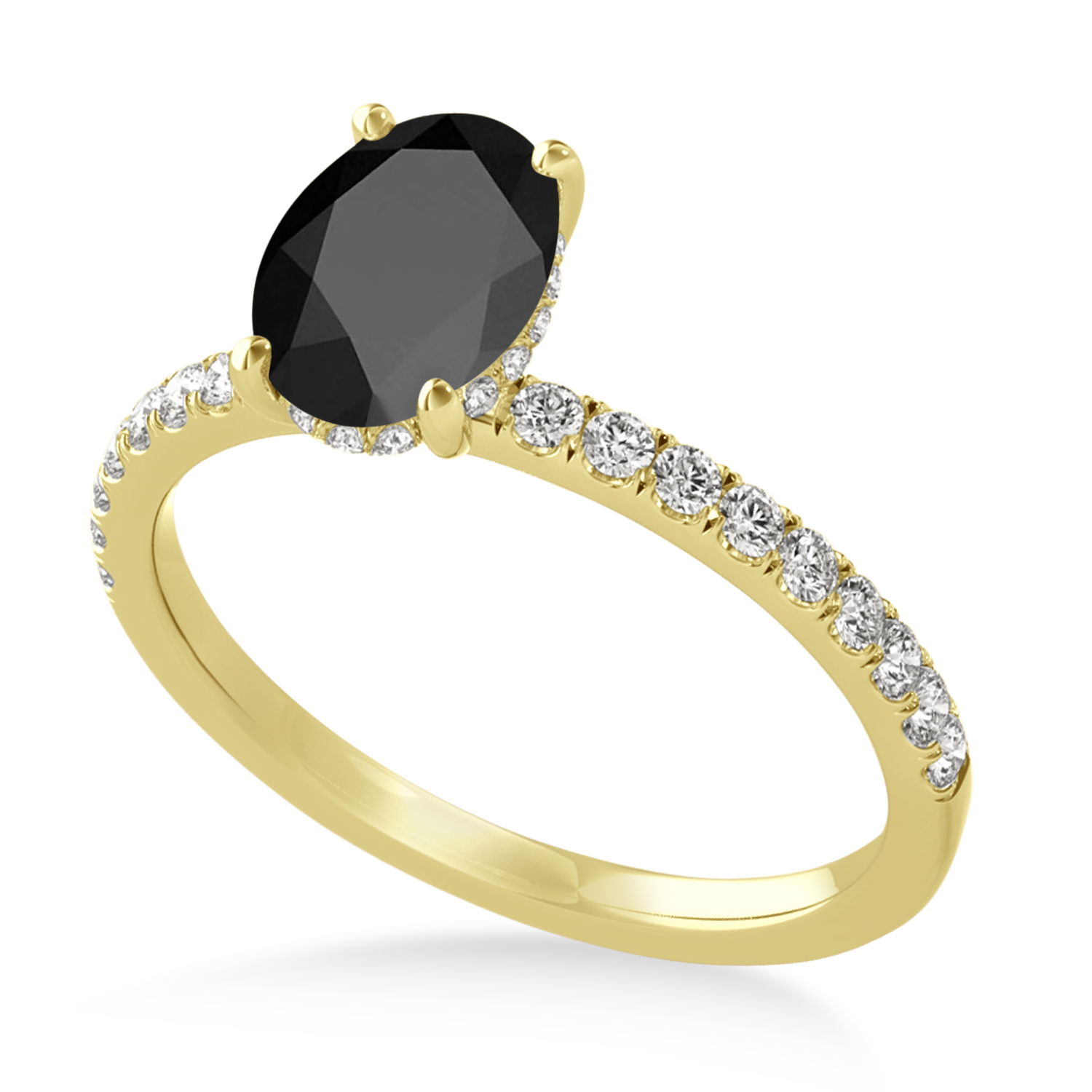 Oval Onyx & Diamond Single Row Hidden Halo Engagement Ring 18k Yellow Gold (0.68ct)