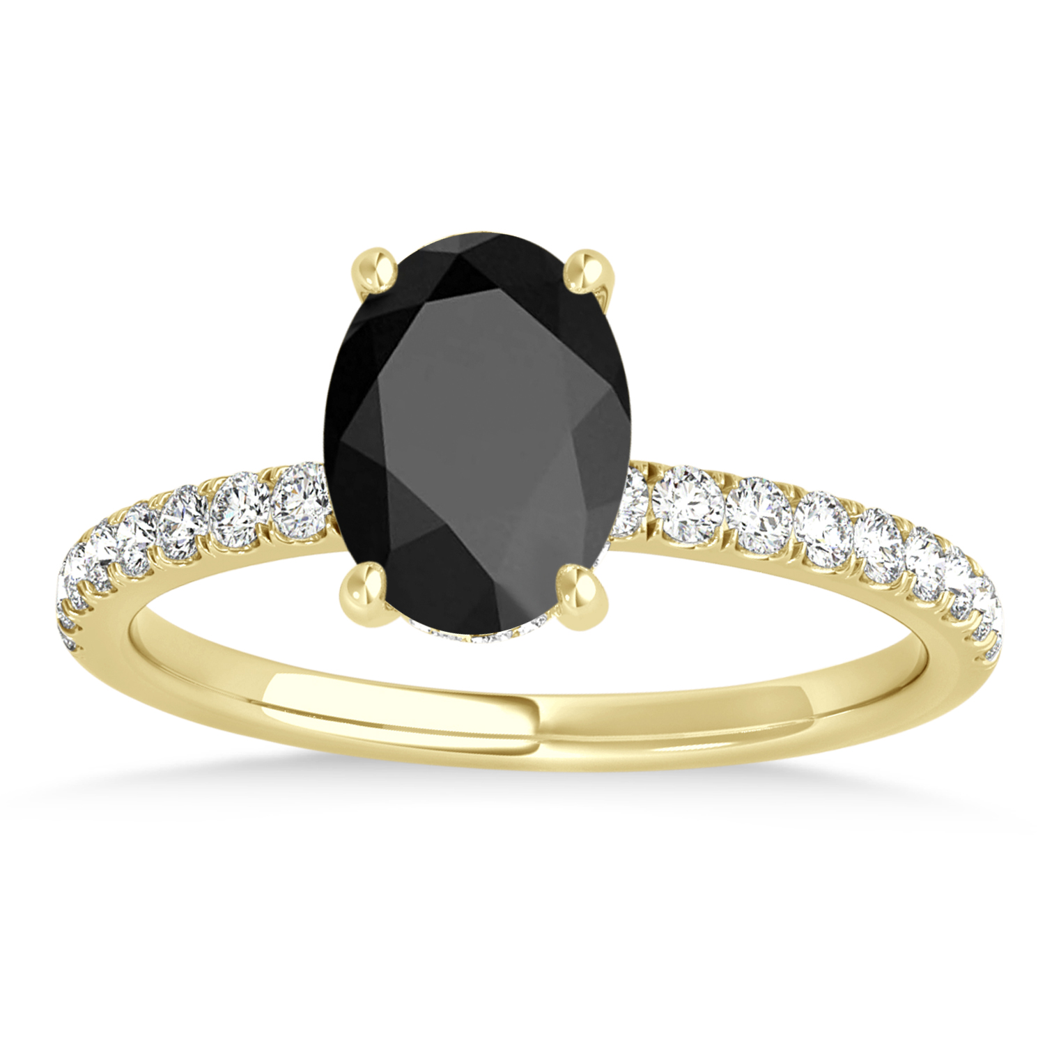 Oval Onyx & Diamond Single Row Hidden Halo Engagement Ring 18k Yellow Gold (0.68ct)