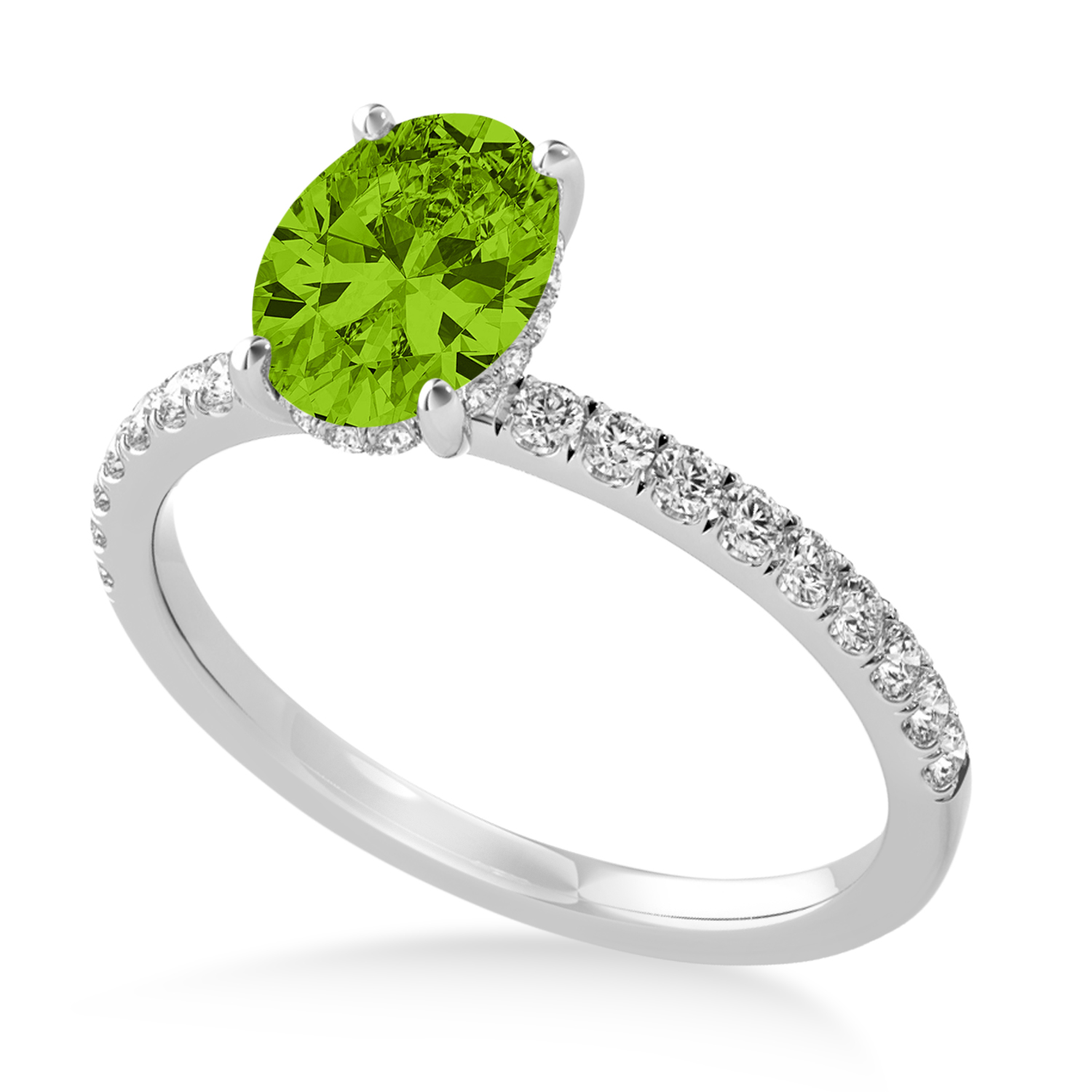 Oval Peridot & Diamond Single Row Hidden Halo Engagement Ring 18k White Gold (0.68ct)