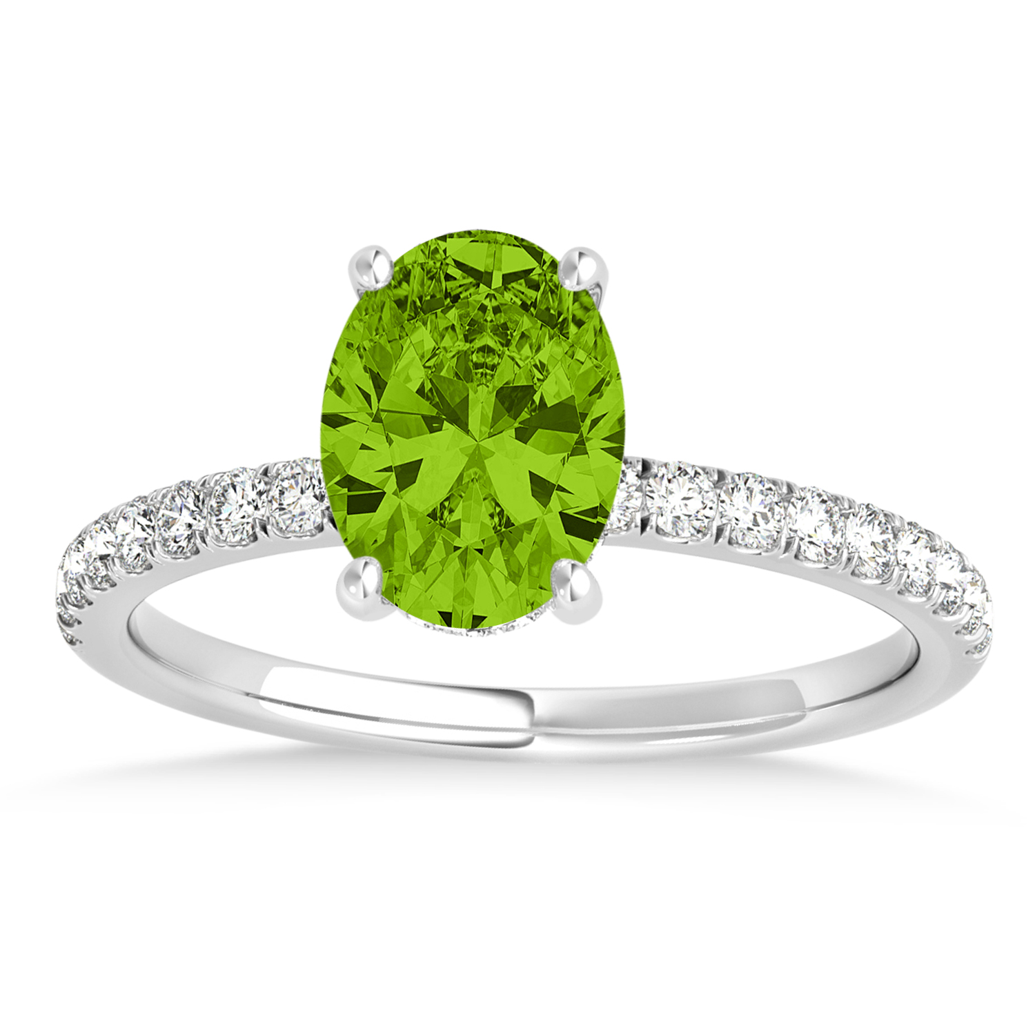 Oval Peridot & Diamond Single Row Hidden Halo Engagement Ring 18k White Gold (0.68ct)