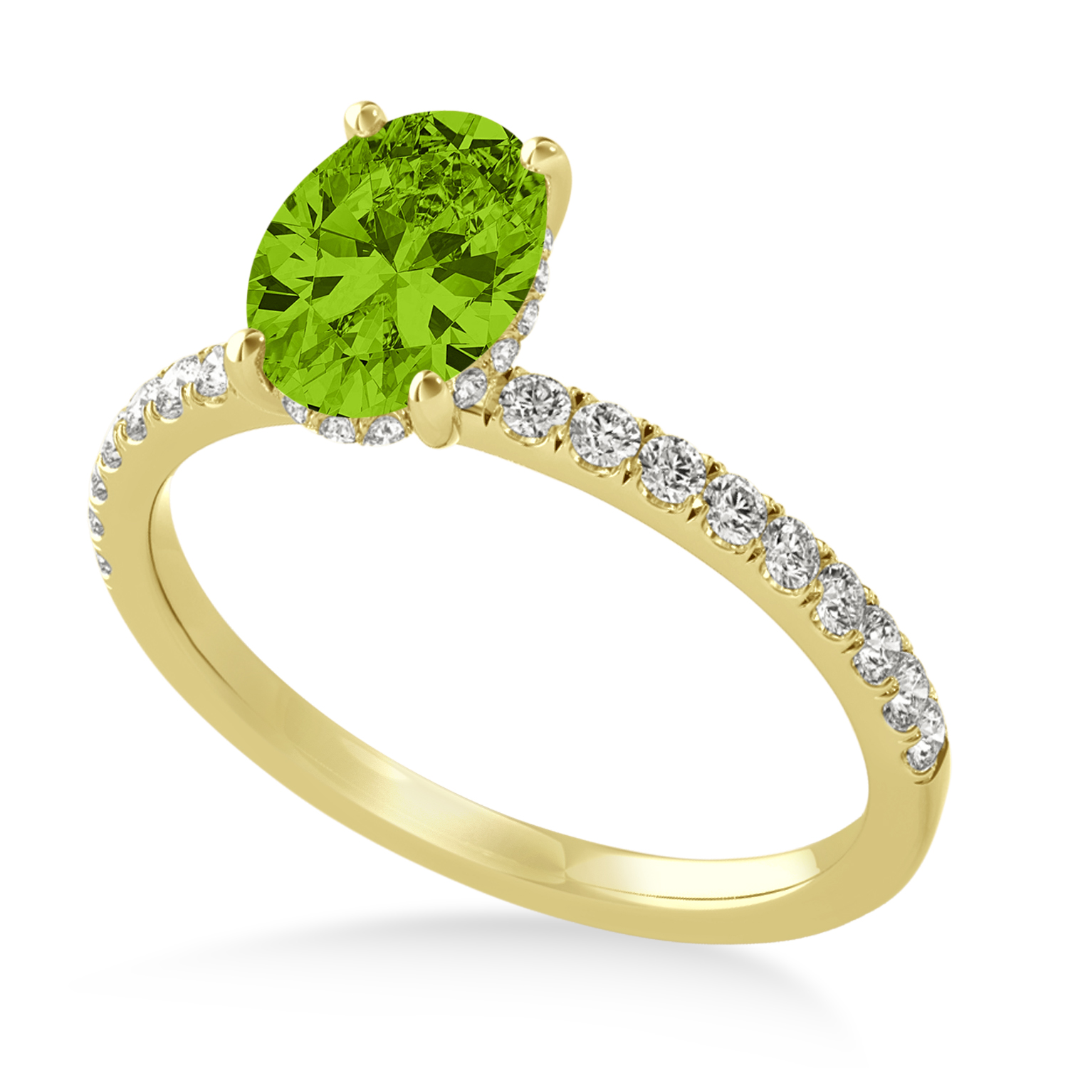 Oval Peridot & Diamond Single Row Hidden Halo Engagement Ring 18k Yellow Gold (0.68ct)