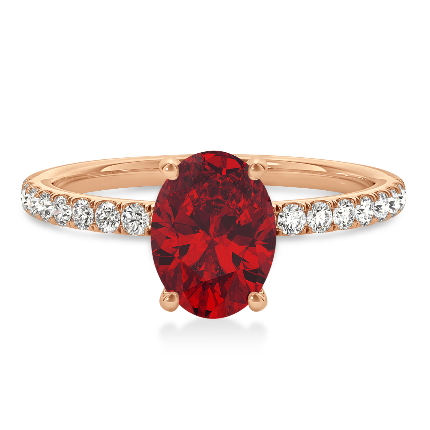Oval Ruby & Diamond Single Row Hidden Halo Engagement Ring 18k Rose Gold (0.68ct)