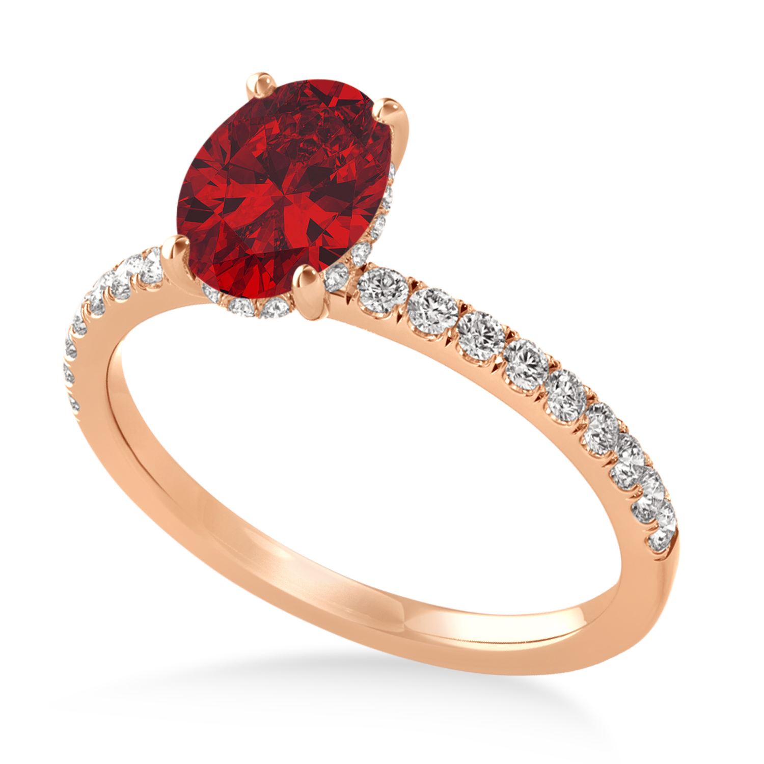 Oval Ruby & Diamond Single Row Hidden Halo Engagement Ring 18k Rose Gold (0.68ct)