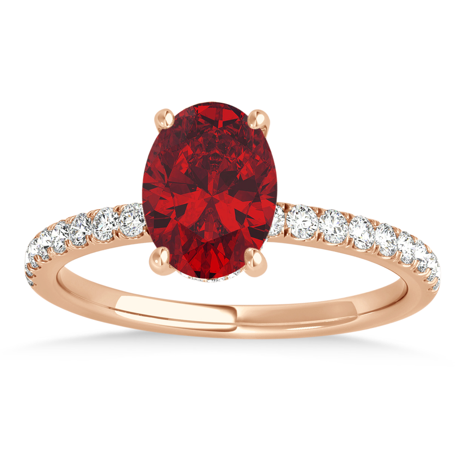 Oval Ruby & Diamond Single Row Hidden Halo Engagement Ring 18k Rose Gold (0.68ct)