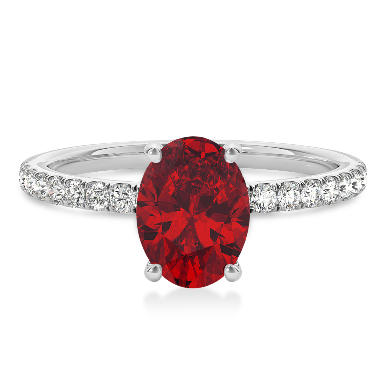Oval Ruby & Diamond Single Row Hidden Halo Engagement Ring 18k White Gold (0.68ct)