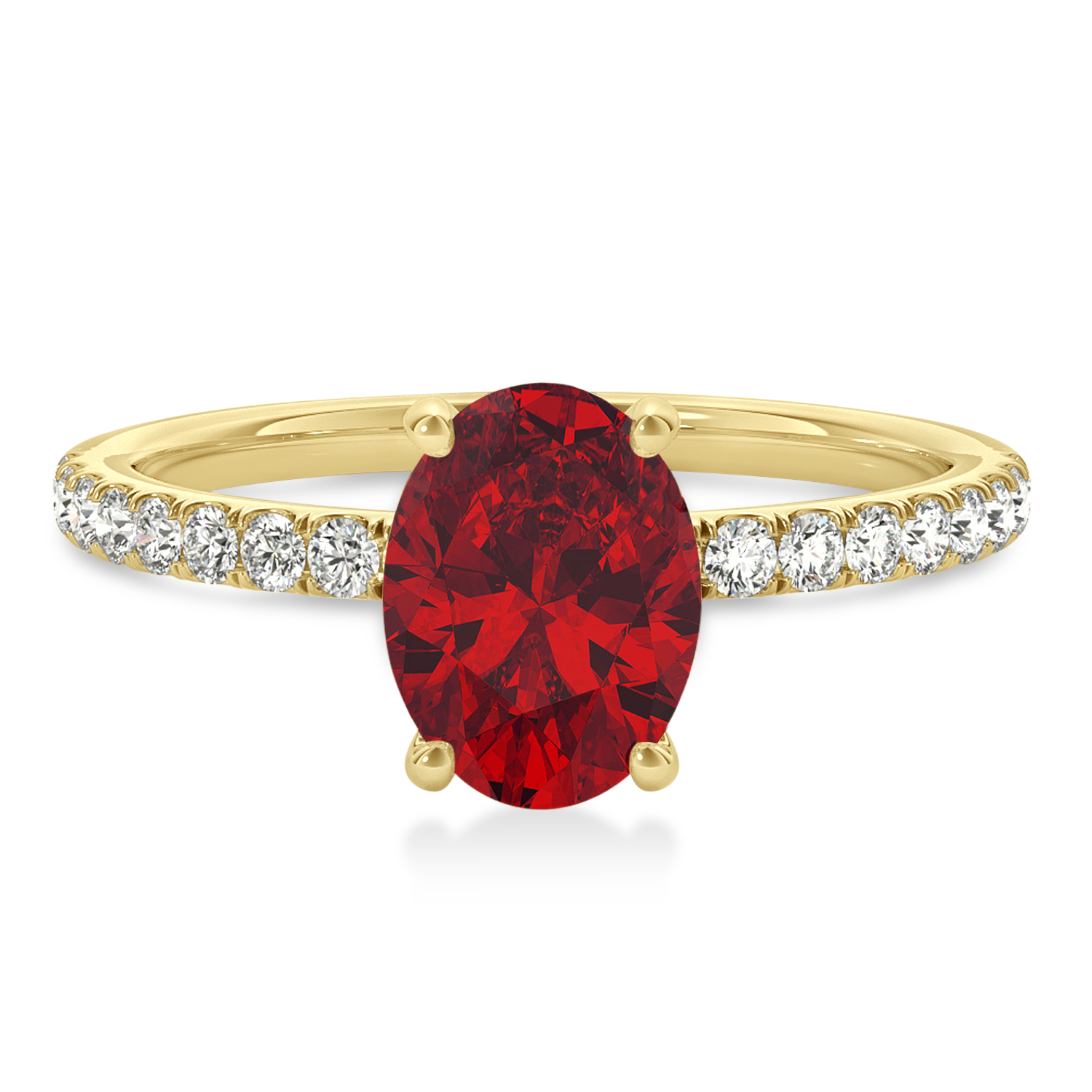 Oval Ruby & Diamond Single Row Hidden Halo Engagement Ring 18k Yellow Gold (0.68ct)