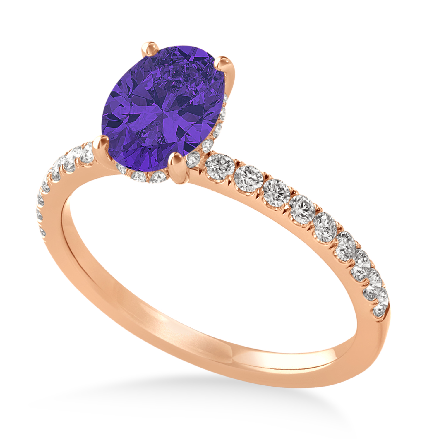 Oval Tanzanite & Diamond Single Row Hidden Halo Engagement Ring 14k Rose Gold (0.68ct)