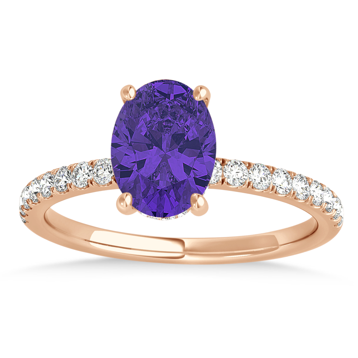 Oval Tanzanite & Diamond Single Row Hidden Halo Engagement Ring 14k Rose Gold (0.68ct)