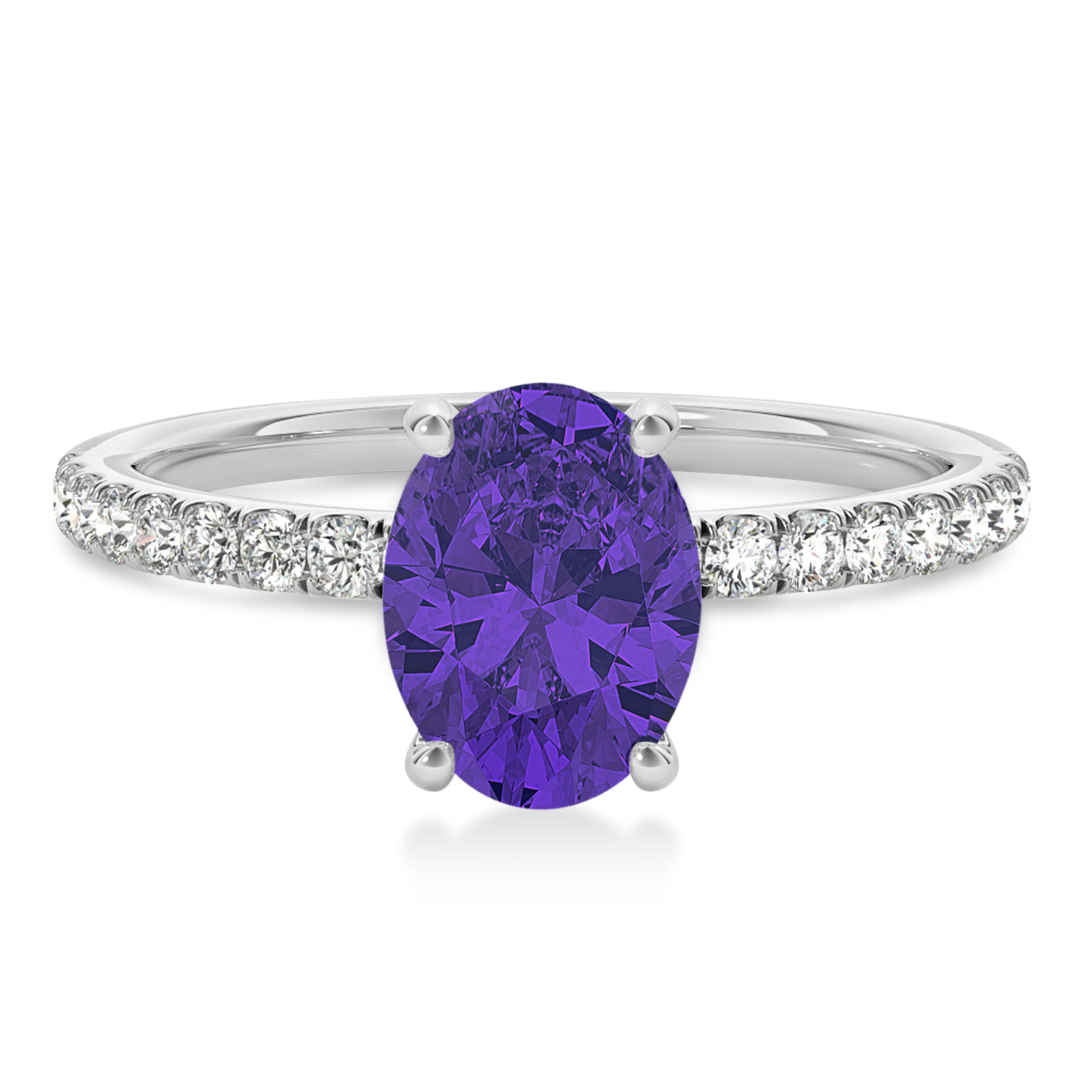 Oval Tanzanite & Diamond Single Row Hidden Halo Engagement Ring 14k White Gold (0.68ct)