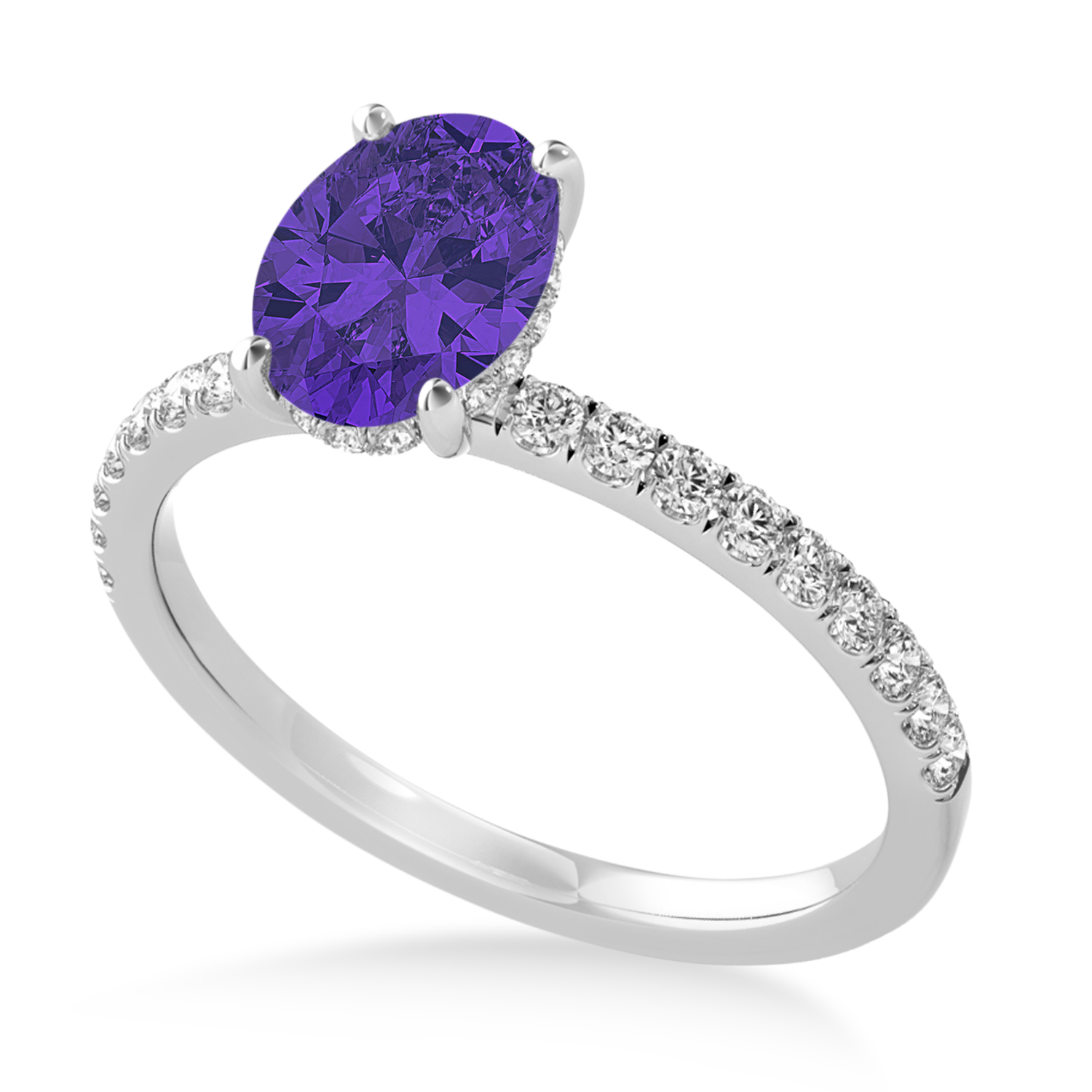 Oval Tanzanite & Diamond Single Row Hidden Halo Engagement Ring 14k White Gold (0.68ct)