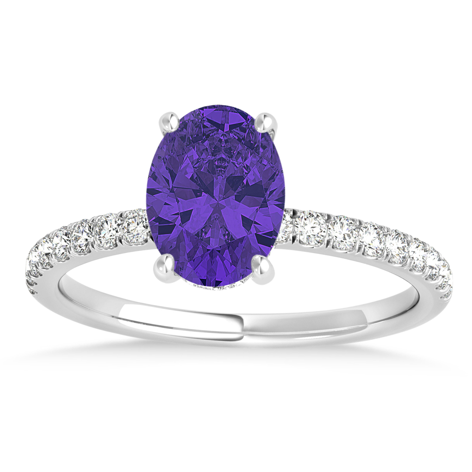 Oval Tanzanite & Diamond Single Row Hidden Halo Engagement Ring 14k White Gold (0.68ct)