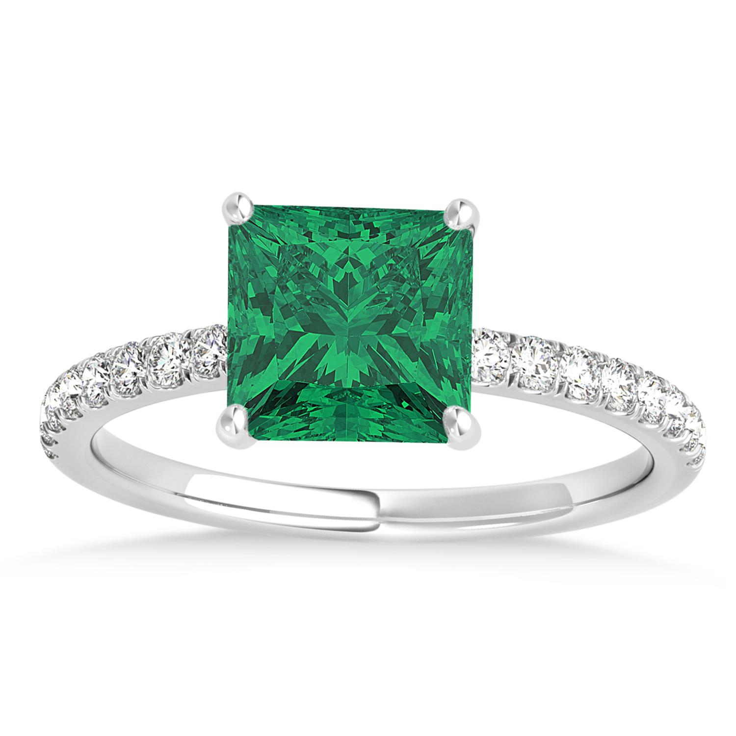 Princess Emerald & Diamond Single Row Hidden Halo Engagement Ring 18k White Gold (0.81ct)