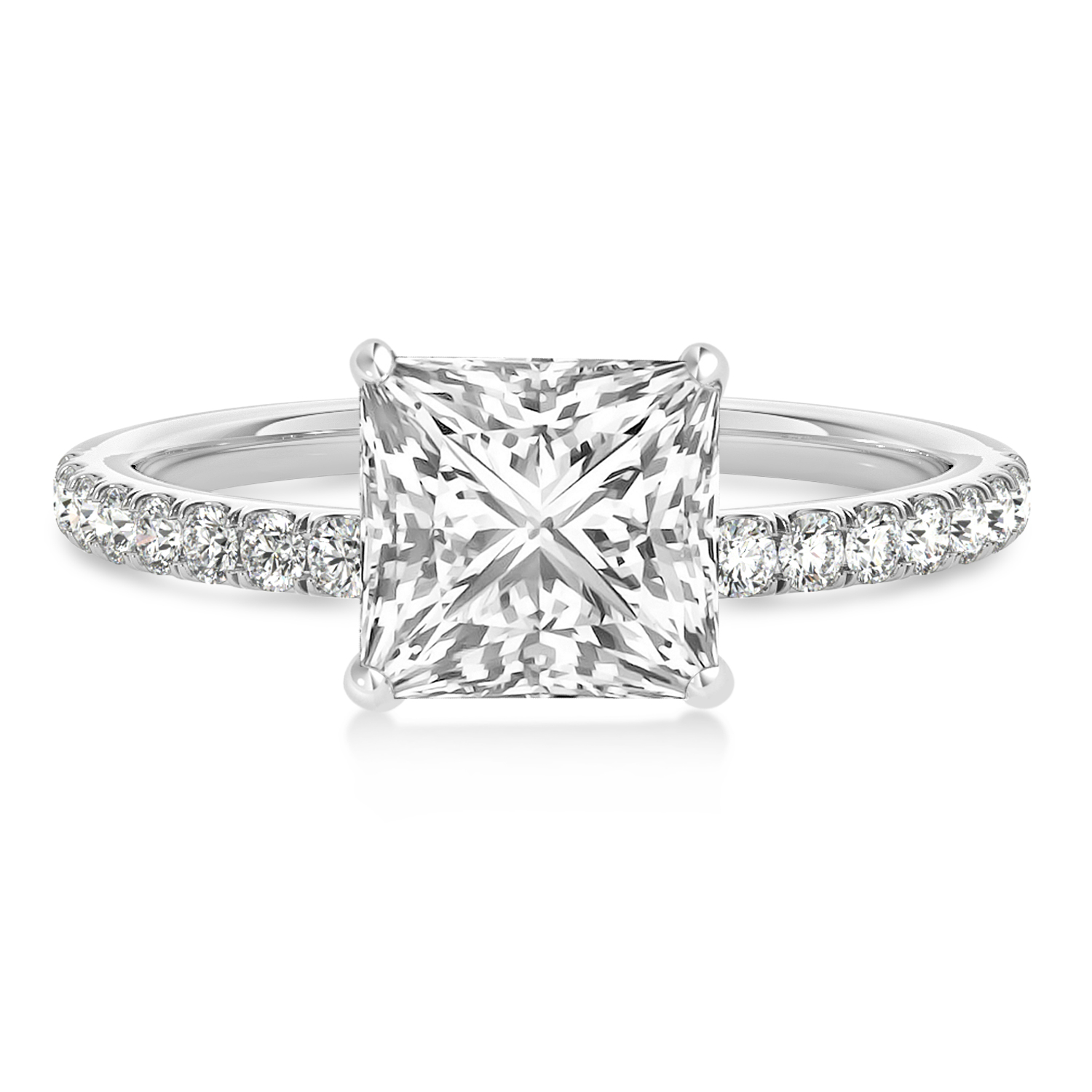 Princess Lab Grown Diamond Single Row Hidden Halo Engagement Ring 14k White Gold (0.81ct)