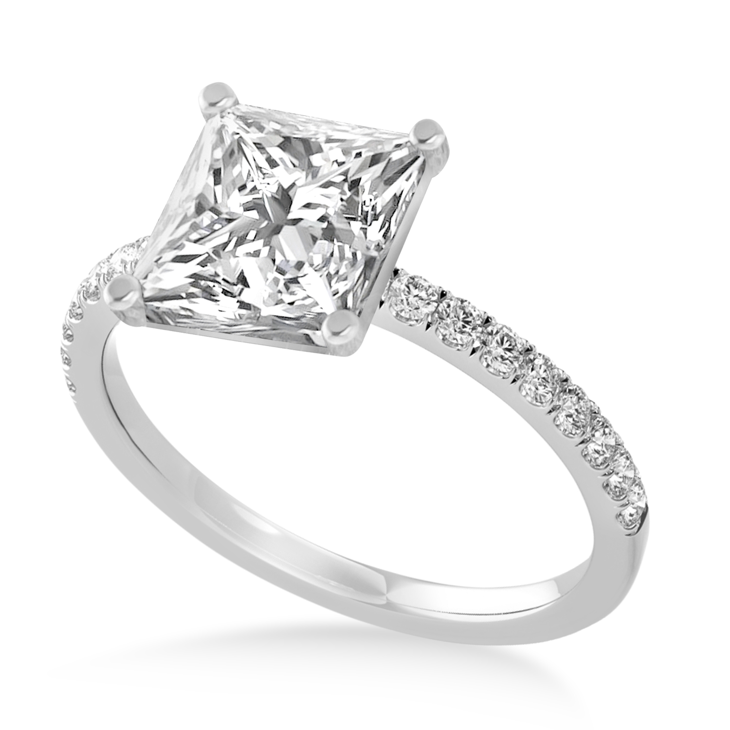Princess Lab Grown Diamond Single Row Hidden Halo Engagement Ring 14k White Gold (0.81ct)