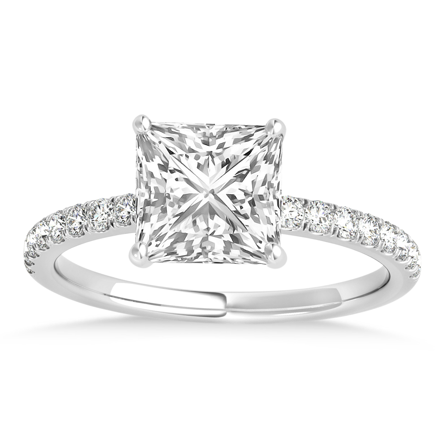 Princess Lab Grown Diamond Single Row Hidden Halo Engagement Ring 14k White Gold (0.81ct)