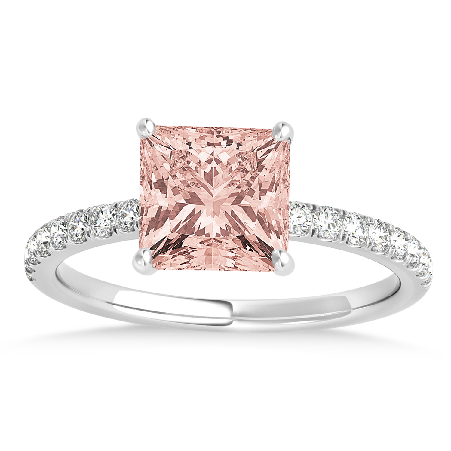 Princess Morganite & Diamond Single Row Hidden Halo Engagement Ring 18k White Gold (0.81ct)