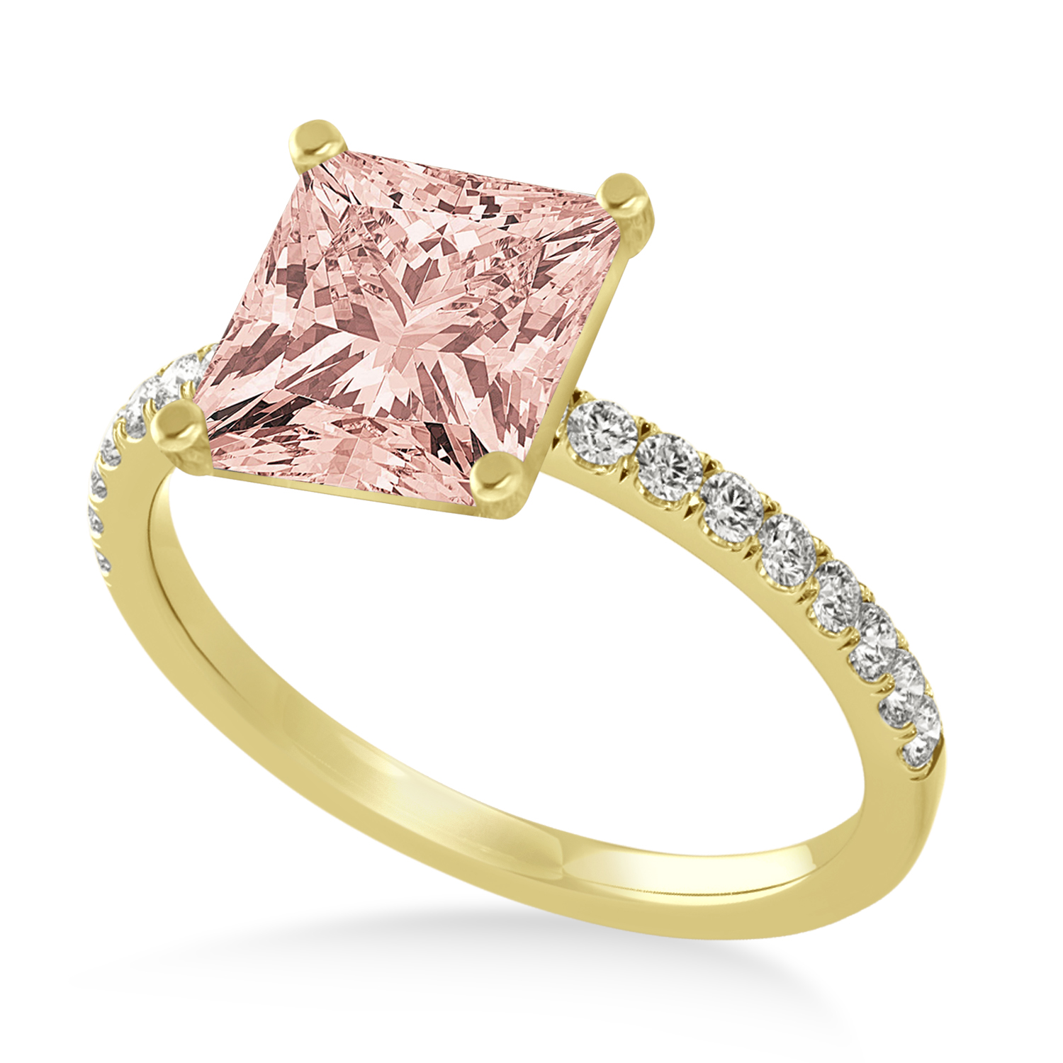 Princess Morganite & Diamond Single Row Hidden Halo Engagement Ring 18k Yellow Gold (0.81ct)