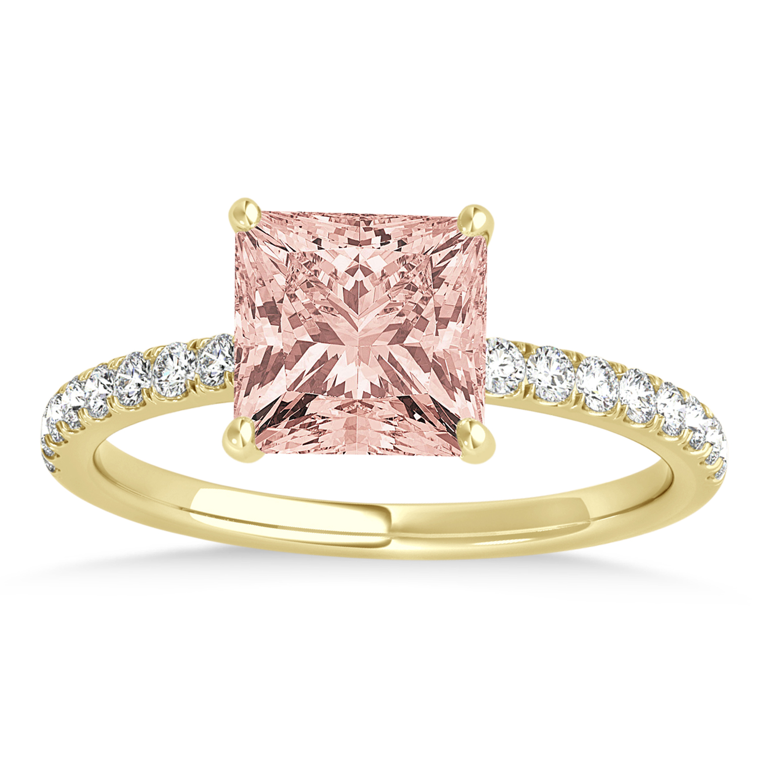 Princess Morganite & Diamond Single Row Hidden Halo Engagement Ring 18k Yellow Gold (0.81ct)