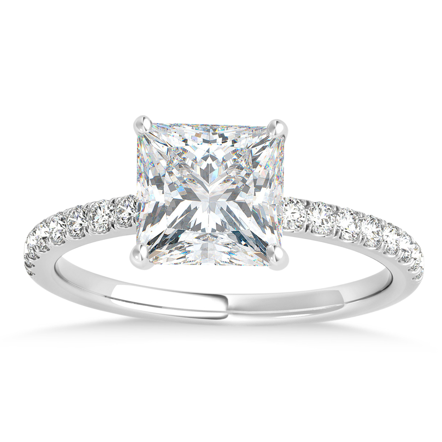 Princess Moissanite & Diamond Single Row Hidden Halo Engagement Ring 14k White Gold (0.81ct)